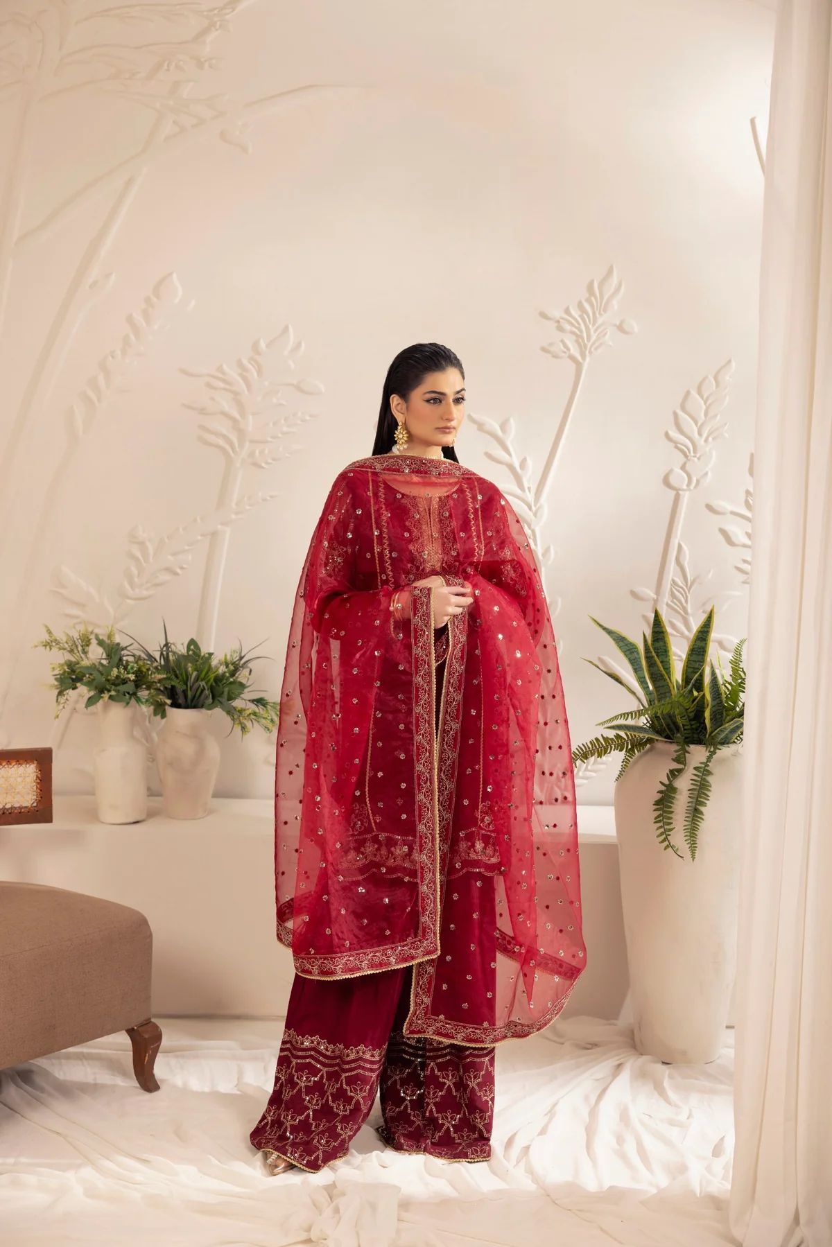 Muse12 - Ready to Wear Maroon Chiffon & Raw Silk Embroidered Gharara Set by Mohagni