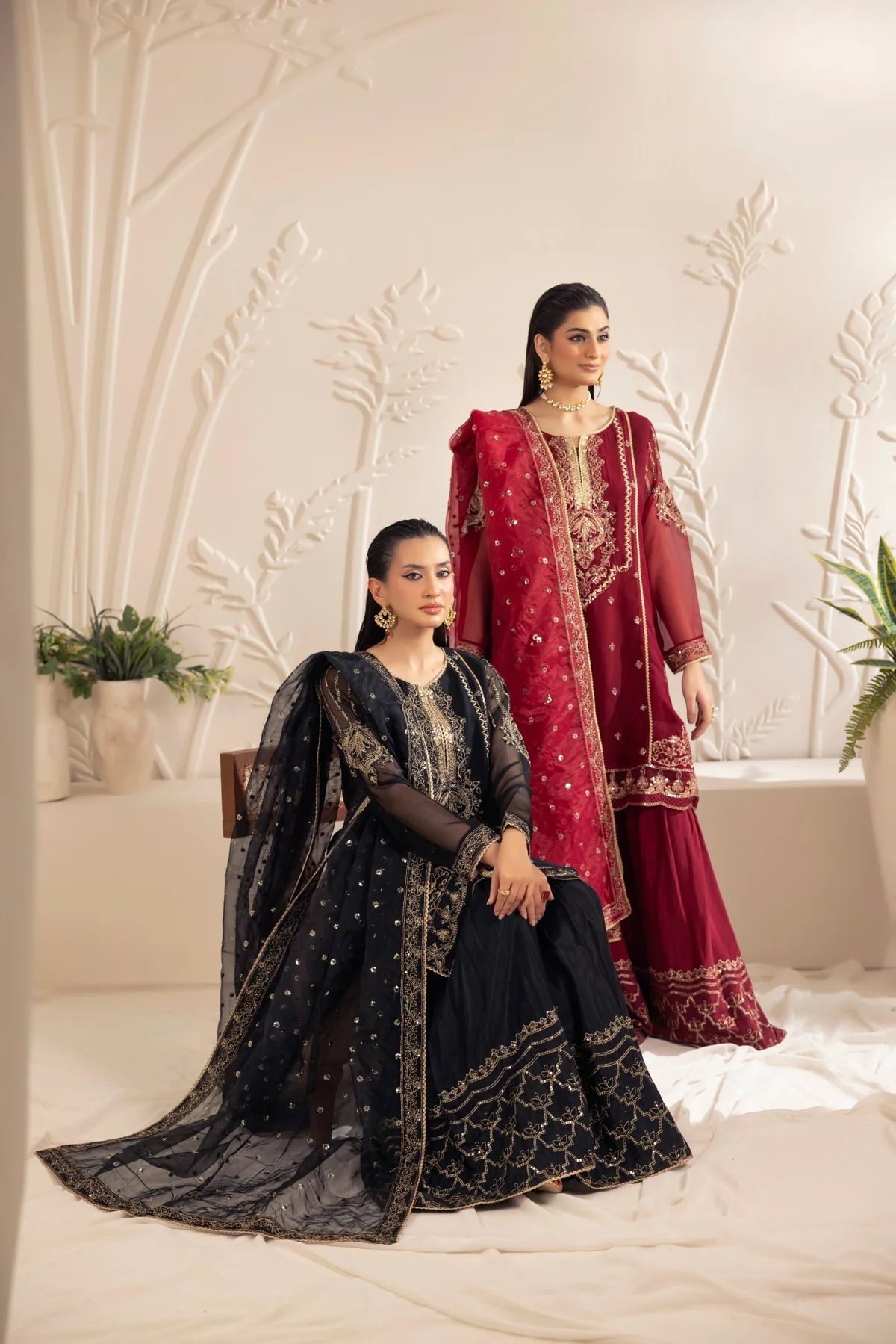Muse12 - Ready to Wear Maroon Chiffon & Raw Silk Embroidered Gharara Set by Mohagni