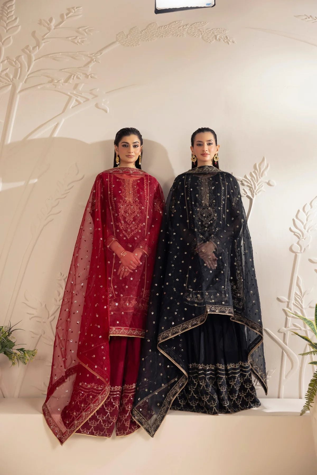 Muse12 - Ready to Wear Maroon Chiffon & Raw Silk Embroidered Gharara Set by Mohagni