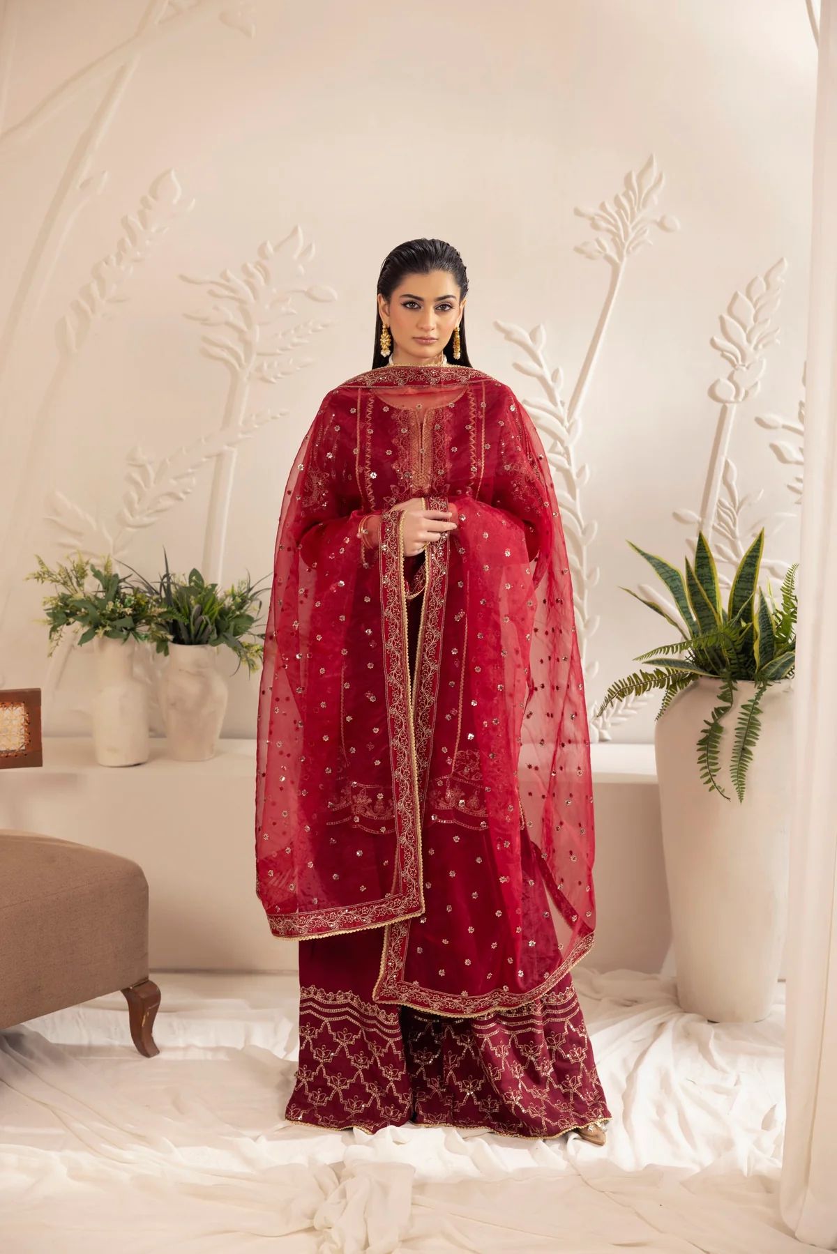 Muse12 - Ready to Wear Maroon Chiffon & Raw Silk Embroidered Gharara Set by Mohagni