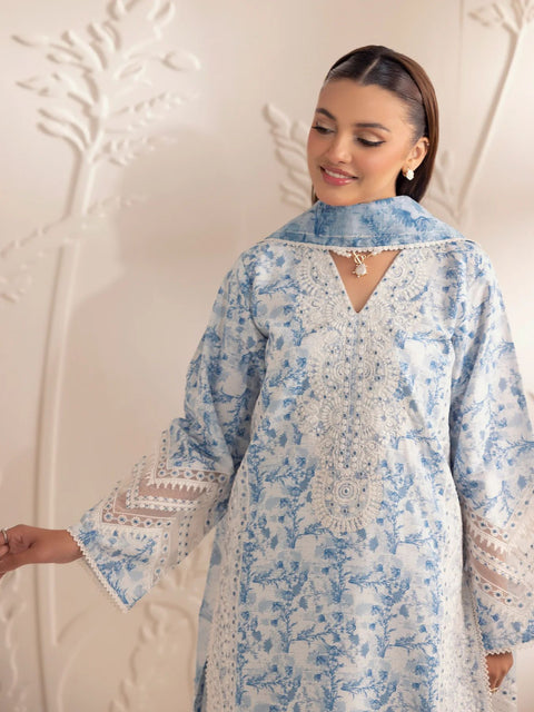 Muse02 - Blue Serenity | 3pc Printed Silk Lawn & Embroidered Organza Suit by Mohagni