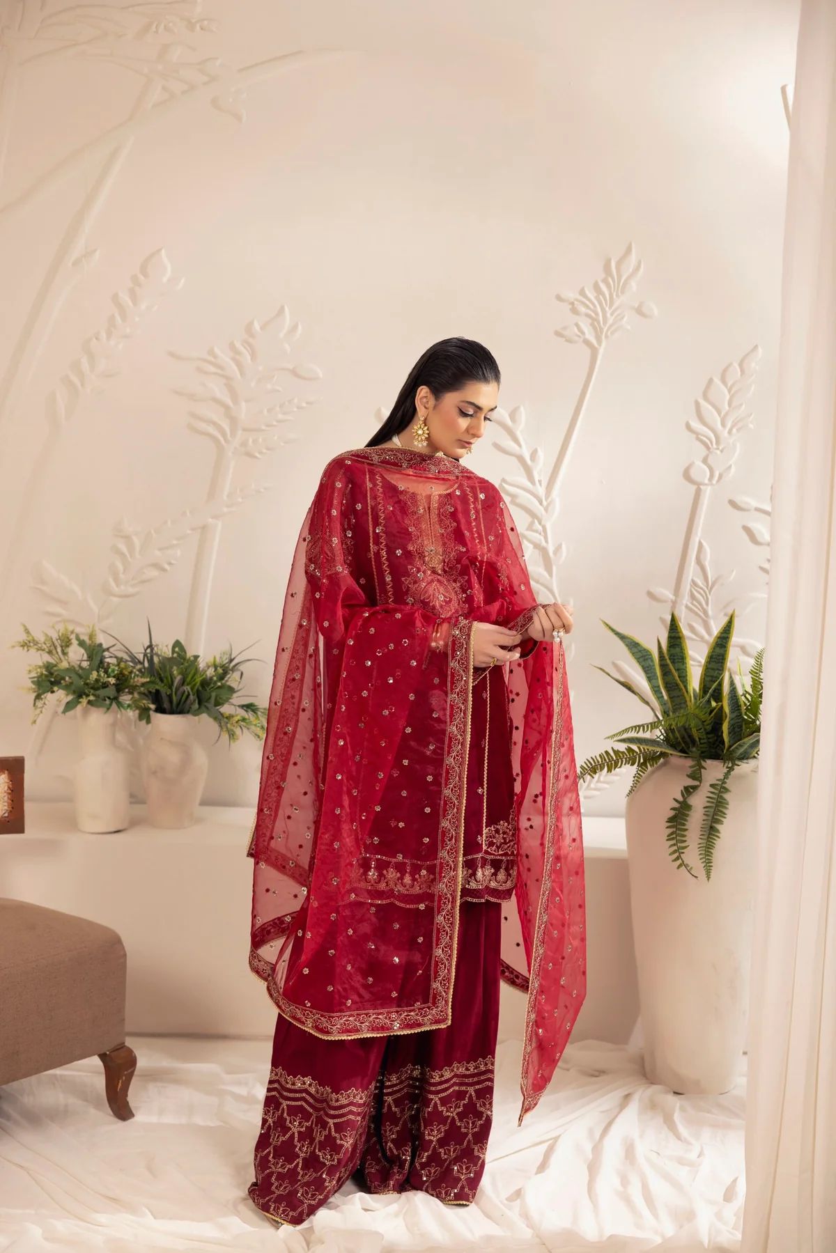 Muse12 - Ready to Wear Maroon Chiffon & Raw Silk Embroidered Gharara Set by Mohagni