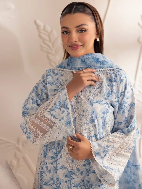 Muse02 - Blue Serenity | 3pc Printed Silk Lawn & Embroidered Organza Suit by Mohagni