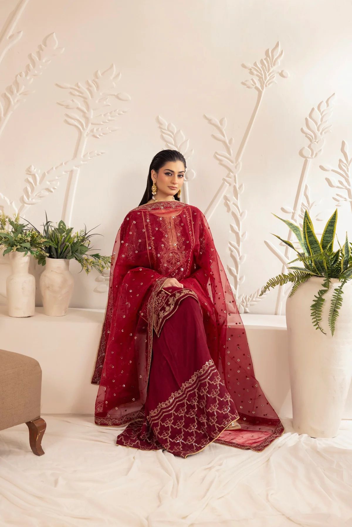 Muse12 - Ready to Wear Maroon Chiffon & Raw Silk Embroidered Gharara Set by Mohagni