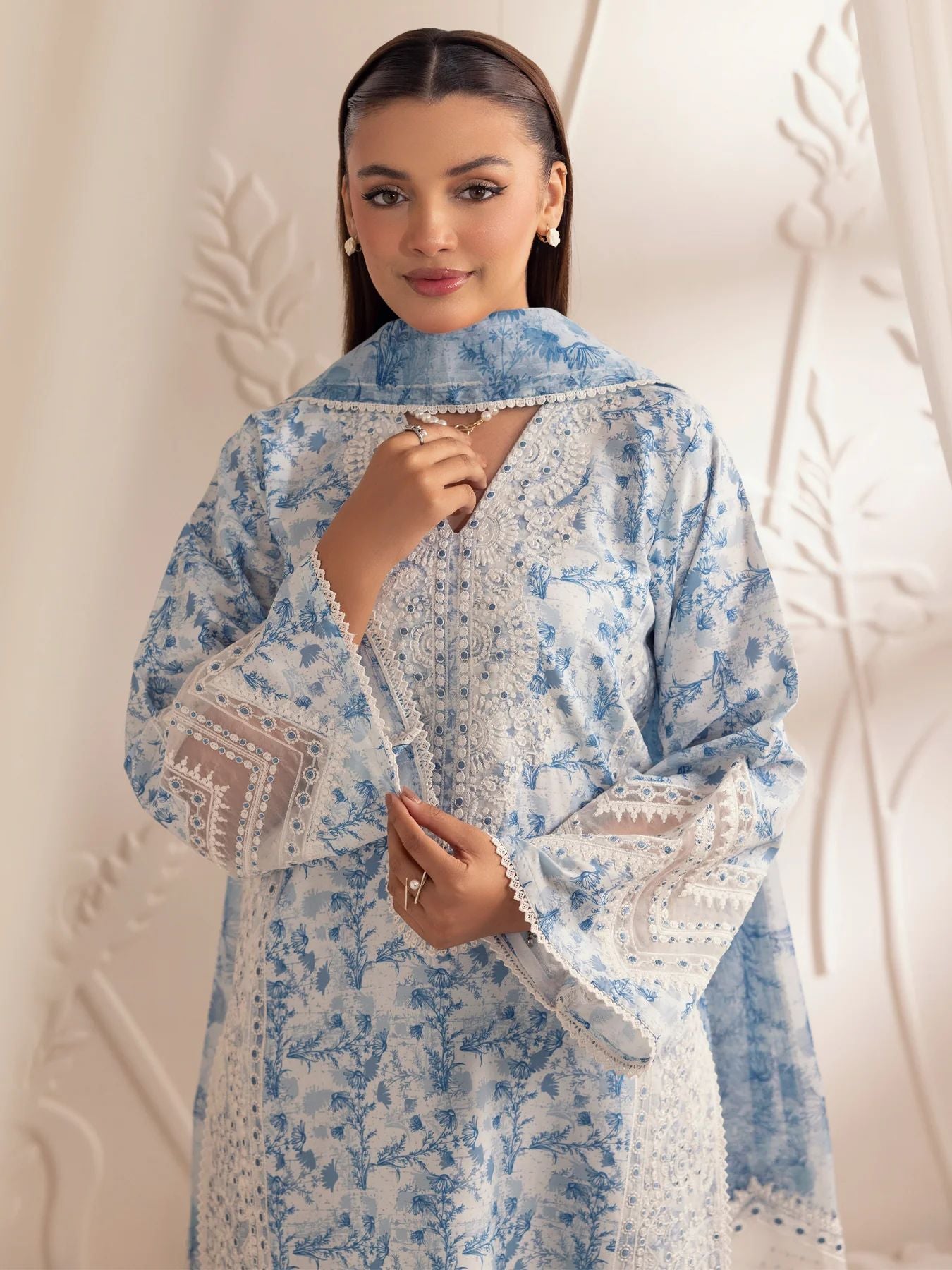 Muse02 - Blue Serenity | 3pc Printed Silk Lawn & Embroidered Organza Suit by Mohagni