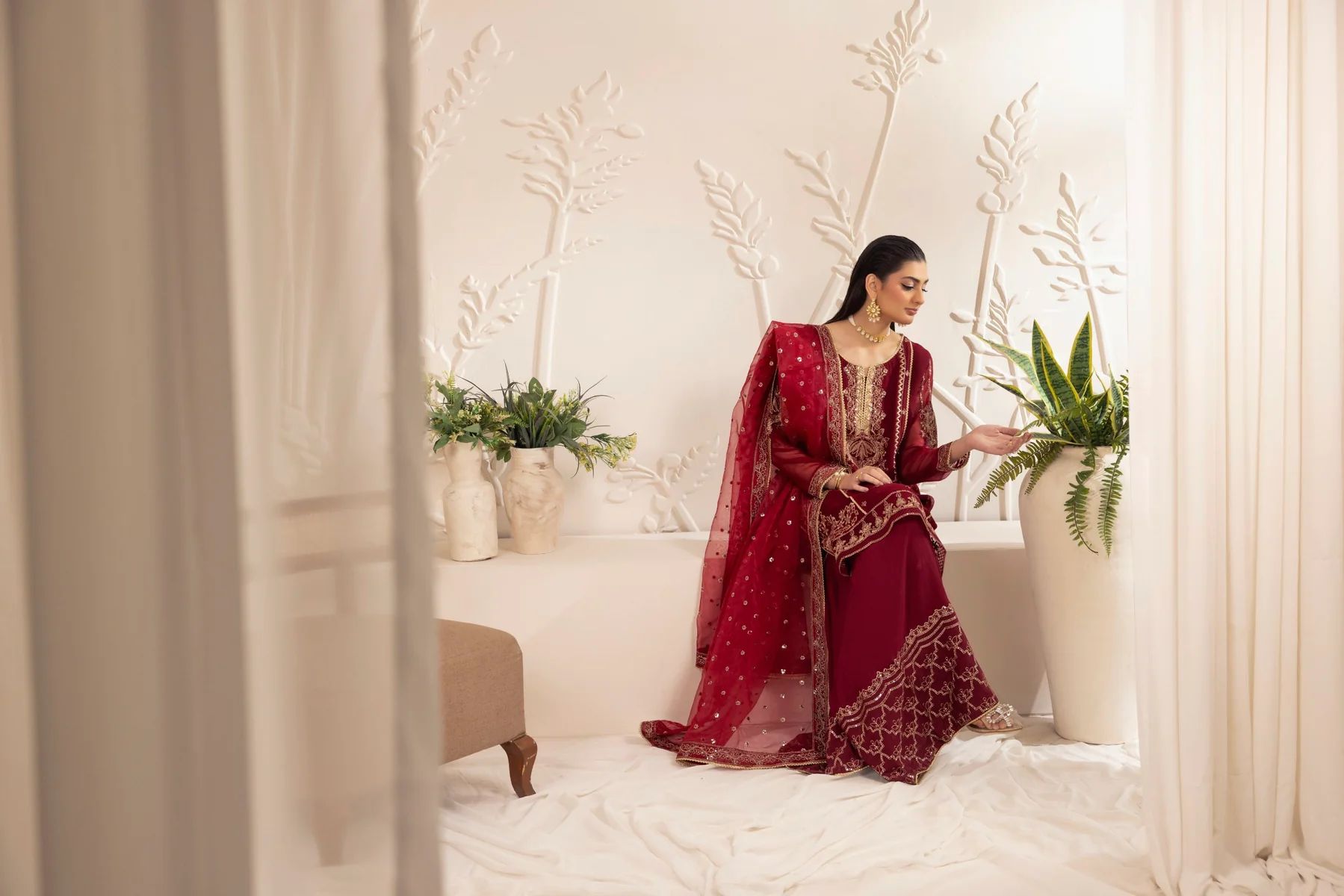 Muse12 - Ready to Wear Maroon Chiffon & Raw Silk Embroidered Gharara Set by Mohagni