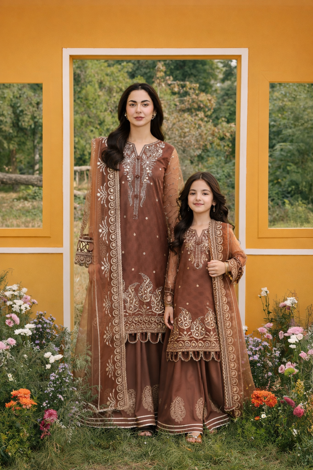 Hania’s Eid Twinning Charm by Mona – Chocolate Chikankari Sharara Suit HEC14