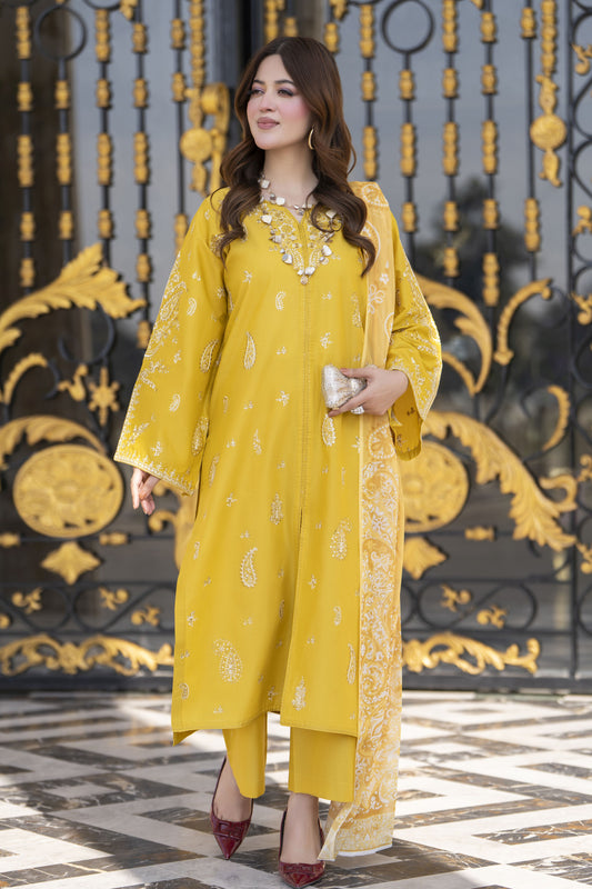 Khushi by Silver Mustard – 3pc Embroidered Cotton Long Suit KBS9