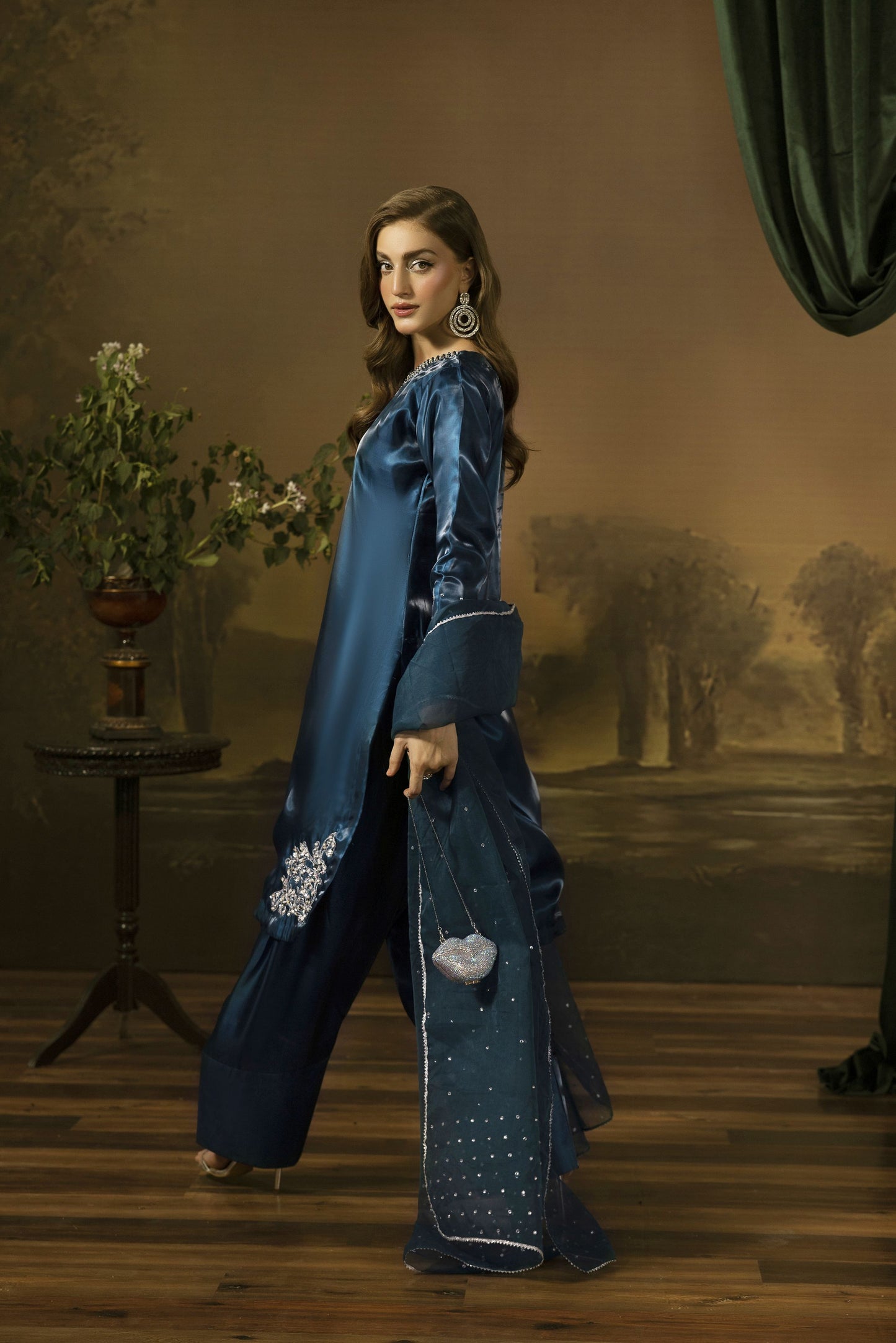 Midnight Blue Silk Farshi Shalwar Pakistani Dress - Farshi Bahaar by Mona FBM7