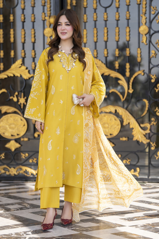 Khushi by Silver Mustard – 3pc Embroidered Cotton Long Suit KBS9