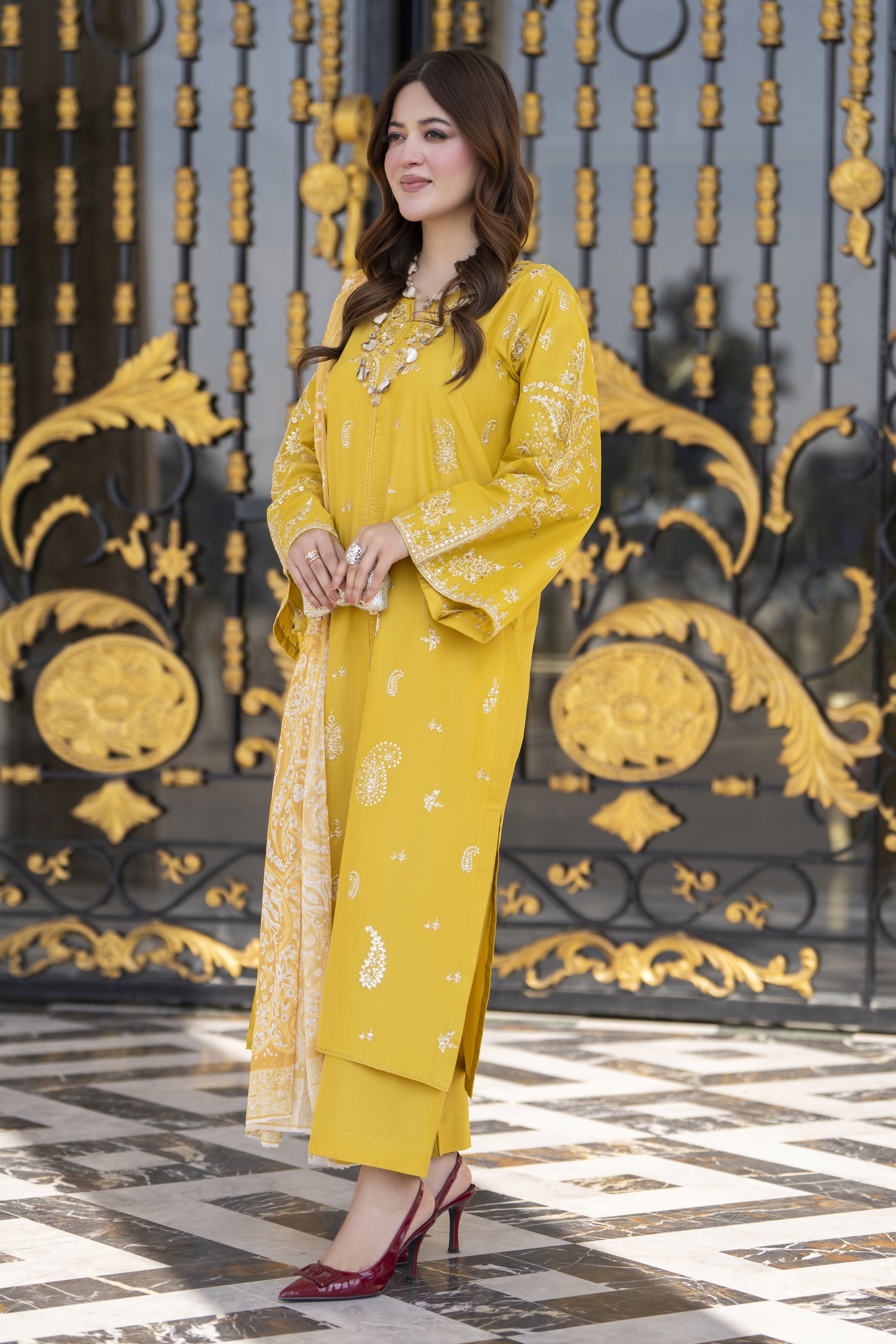 Khushi by Silver Mustard – 3pc Embroidered Cotton Long Suit KBS9
