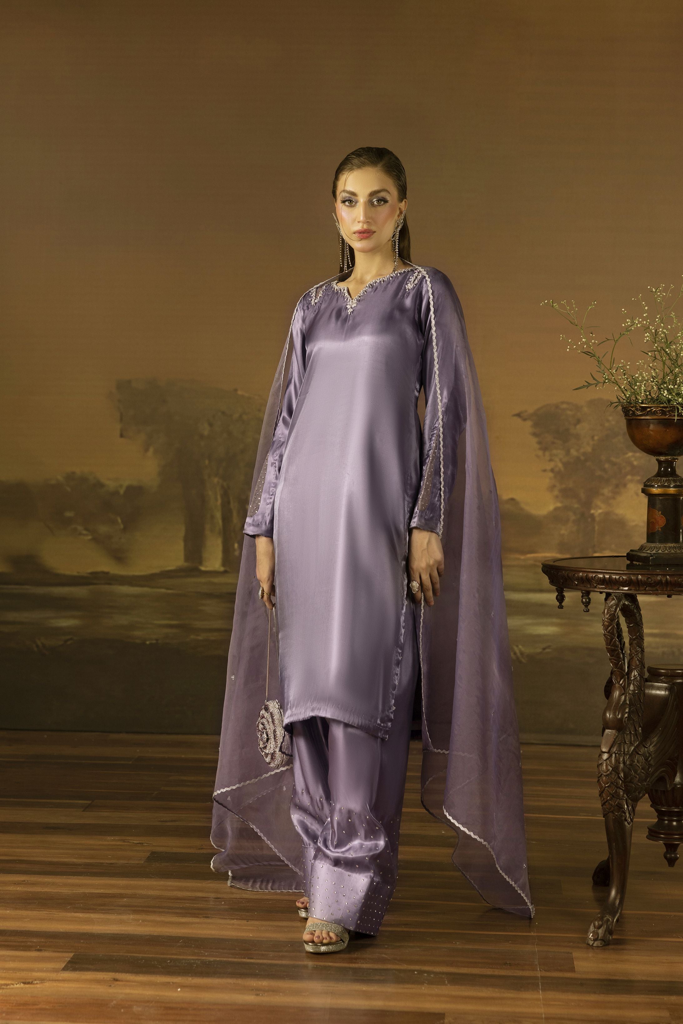 Lavender Diamante Silk Farshi Shalwar Set - Farshi Bahaar by Mona FBM5