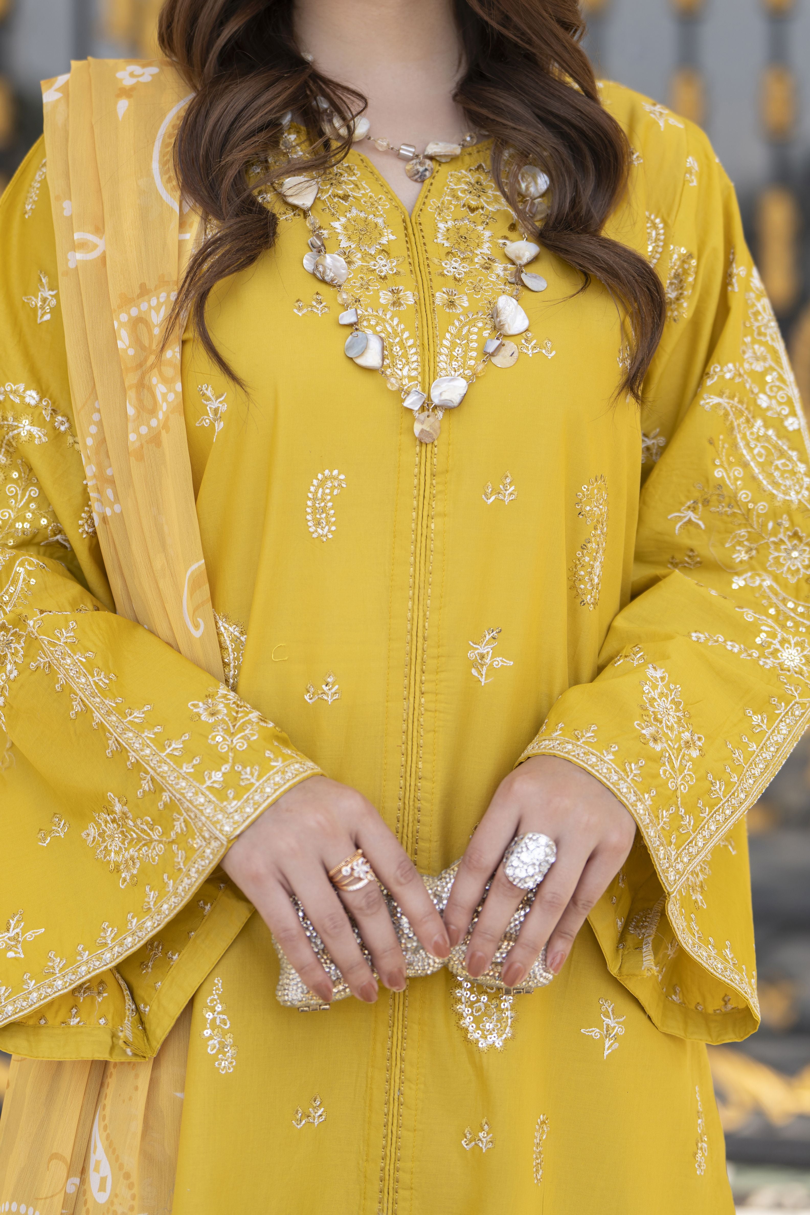 Khushi by Silver Mustard – 3pc Embroidered Cotton Long Suit KBS9