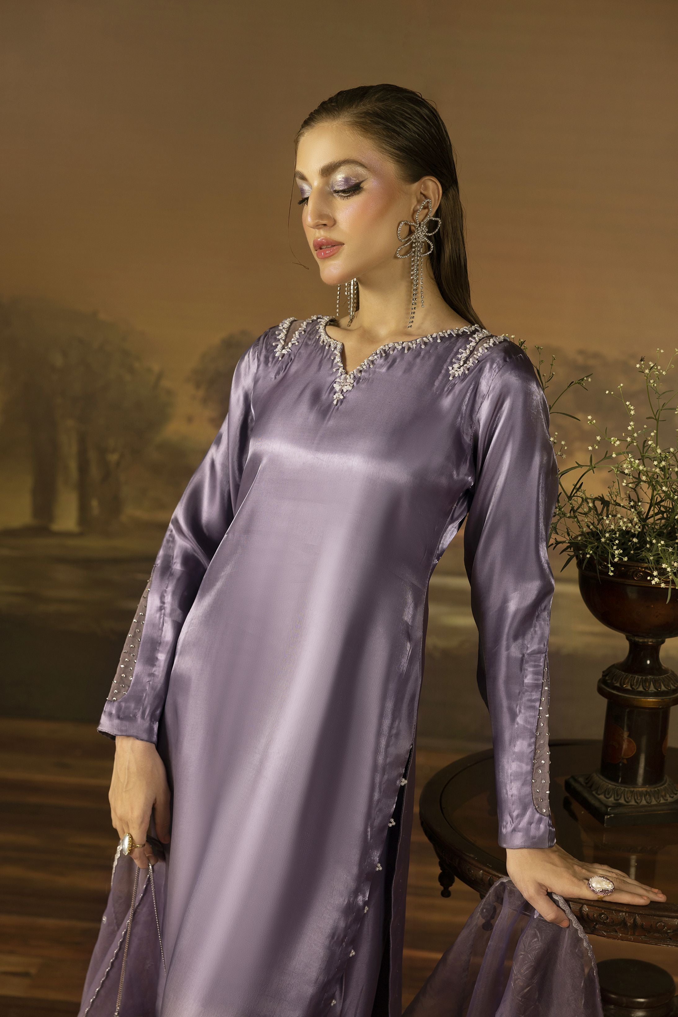 Lavender Diamante Silk Farshi Shalwar Set - Farshi Bahaar by Mona FBM5