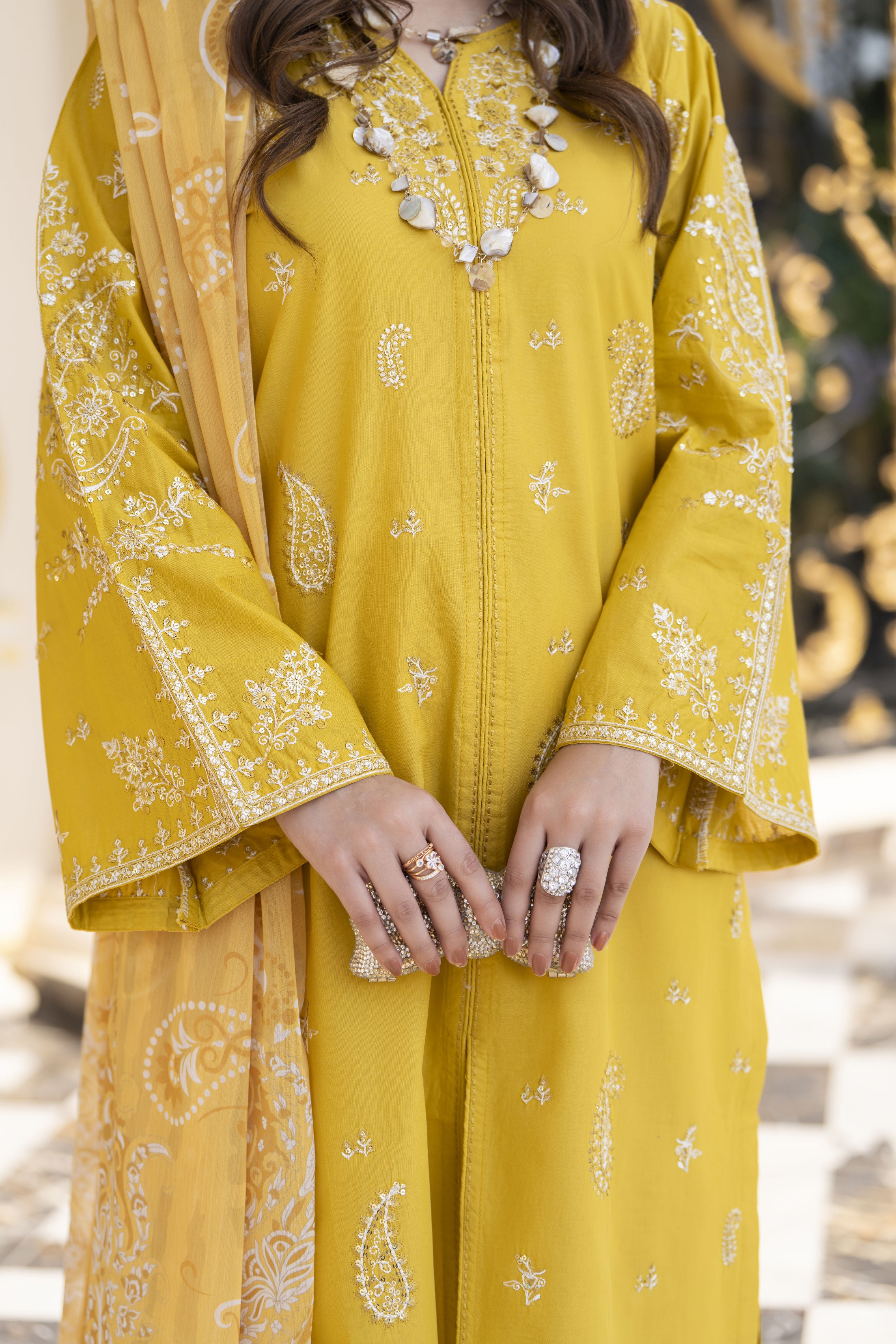 Khushi by Silver Mustard – 3pc Embroidered Cotton Long Suit KBS9