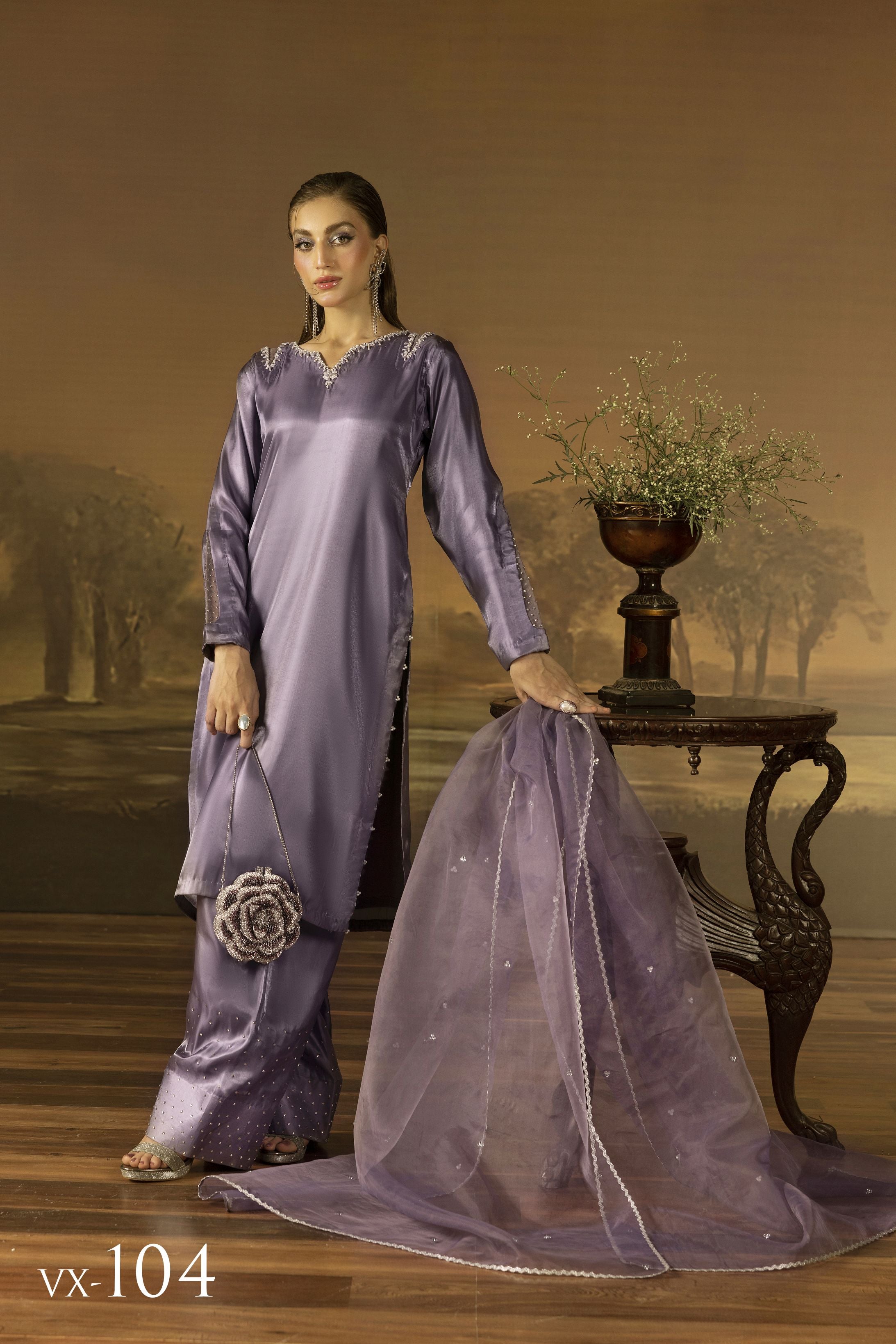 Lavender Diamante Silk Farshi Shalwar Set - Farshi Bahaar by Mona FBM5