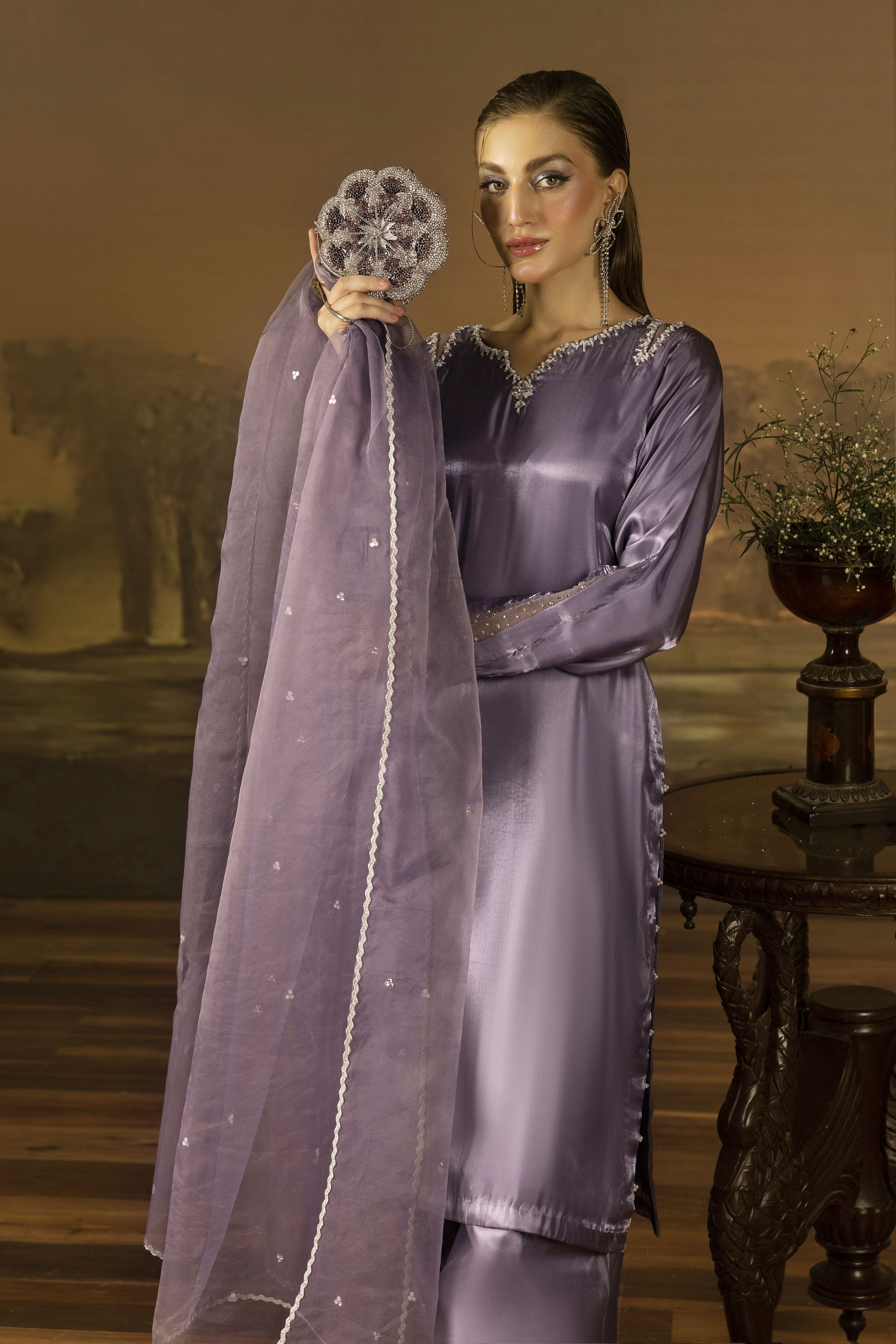 Lavender Diamante Silk Farshi Shalwar Set - Farshi Bahaar by Mona FBM5