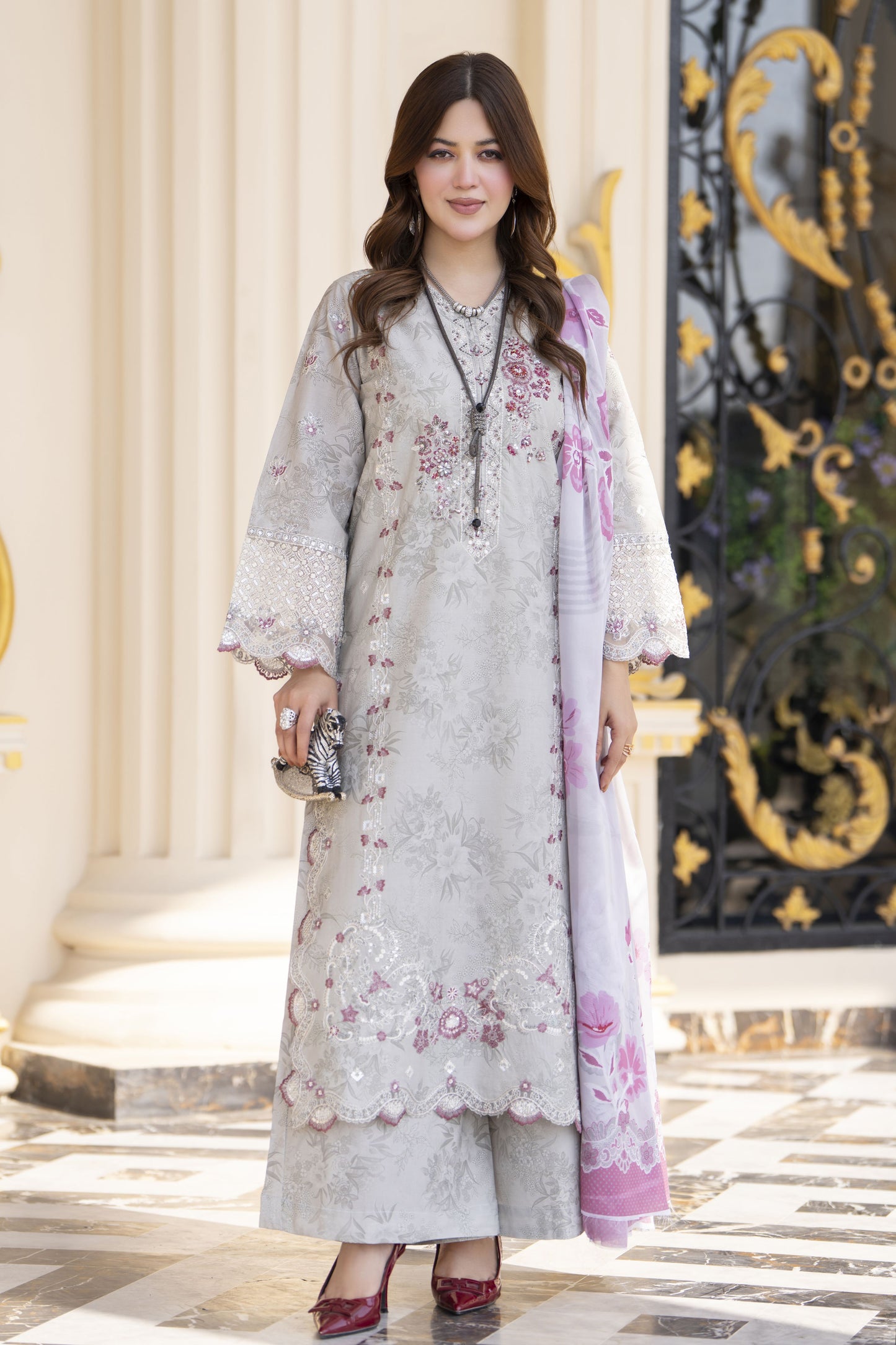 Khushi by Silver Grey – 3pc Embroidered Cotton Long Suit KBS12