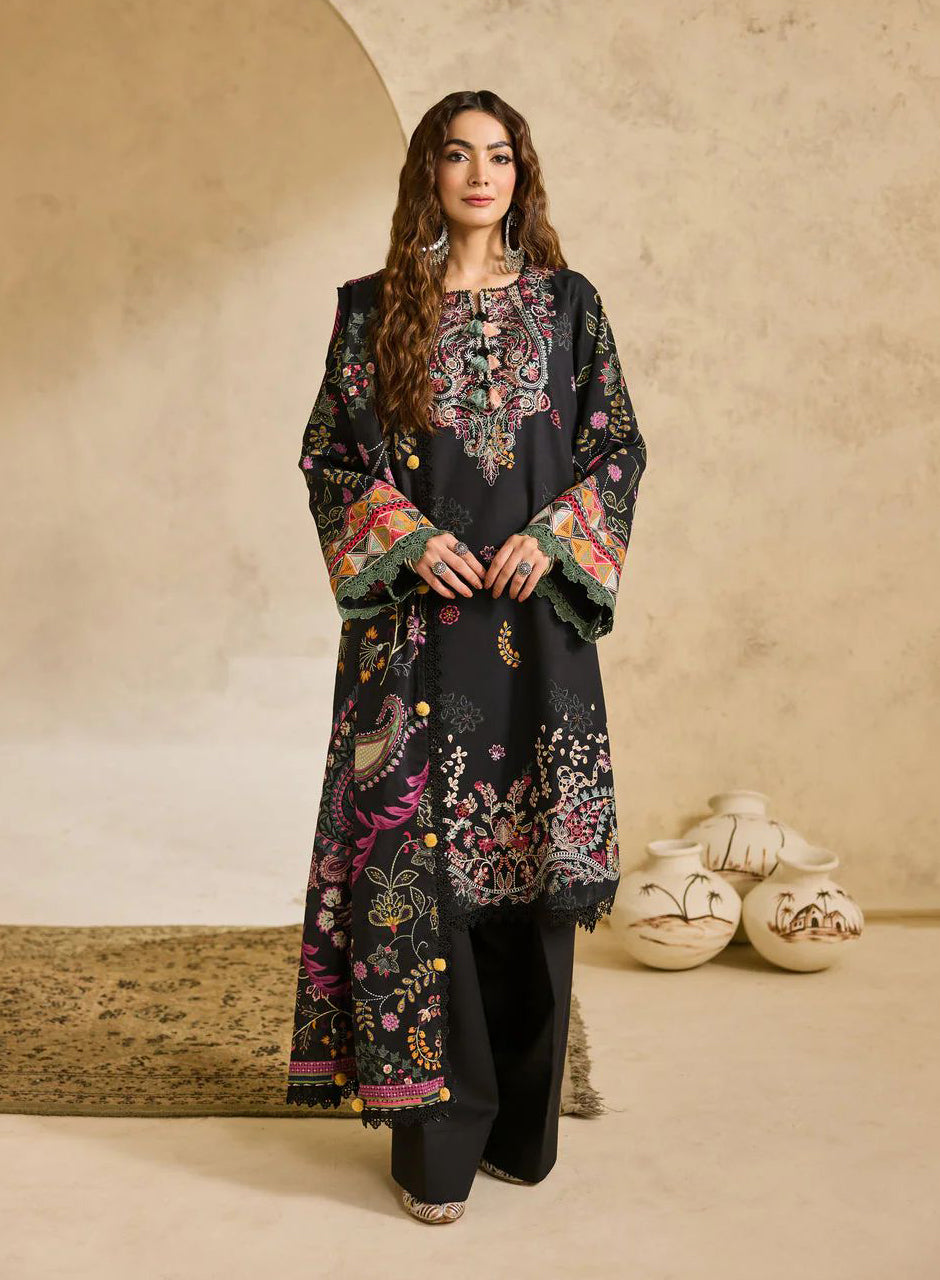 Linen by Florent – 3pc Black Winter Embroidered Suit with Shawl NAF16