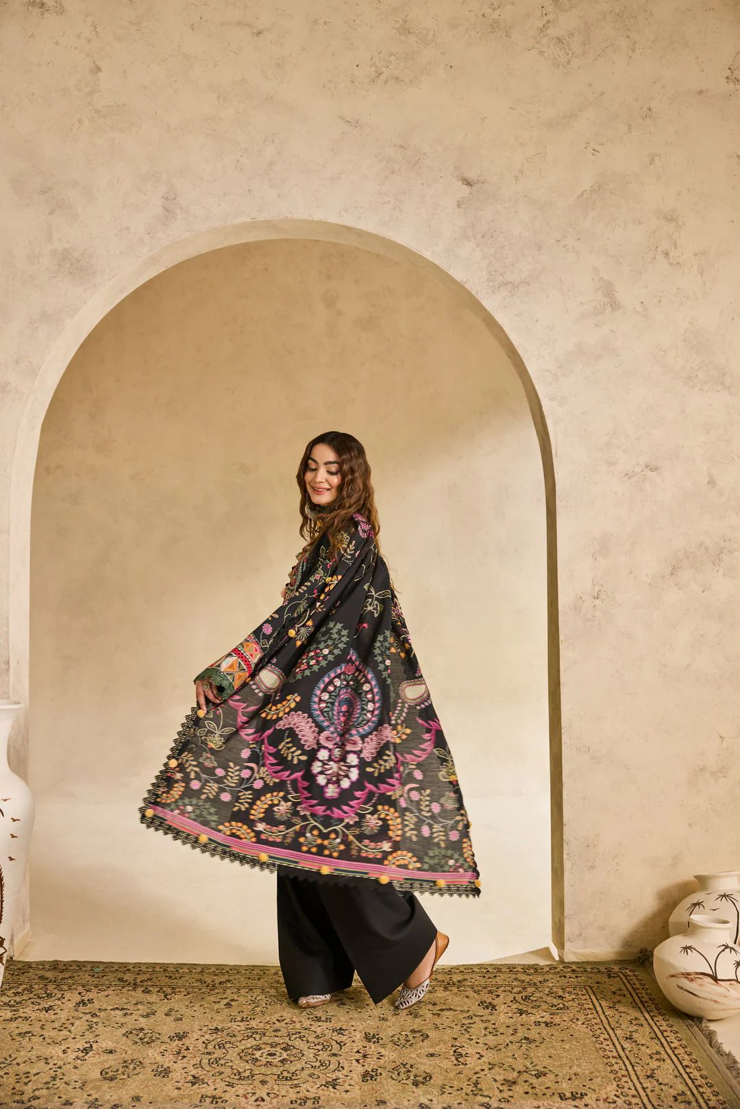 Linen by Florent – 3pc Black Winter Embroidered Suit with Shawl NAF16