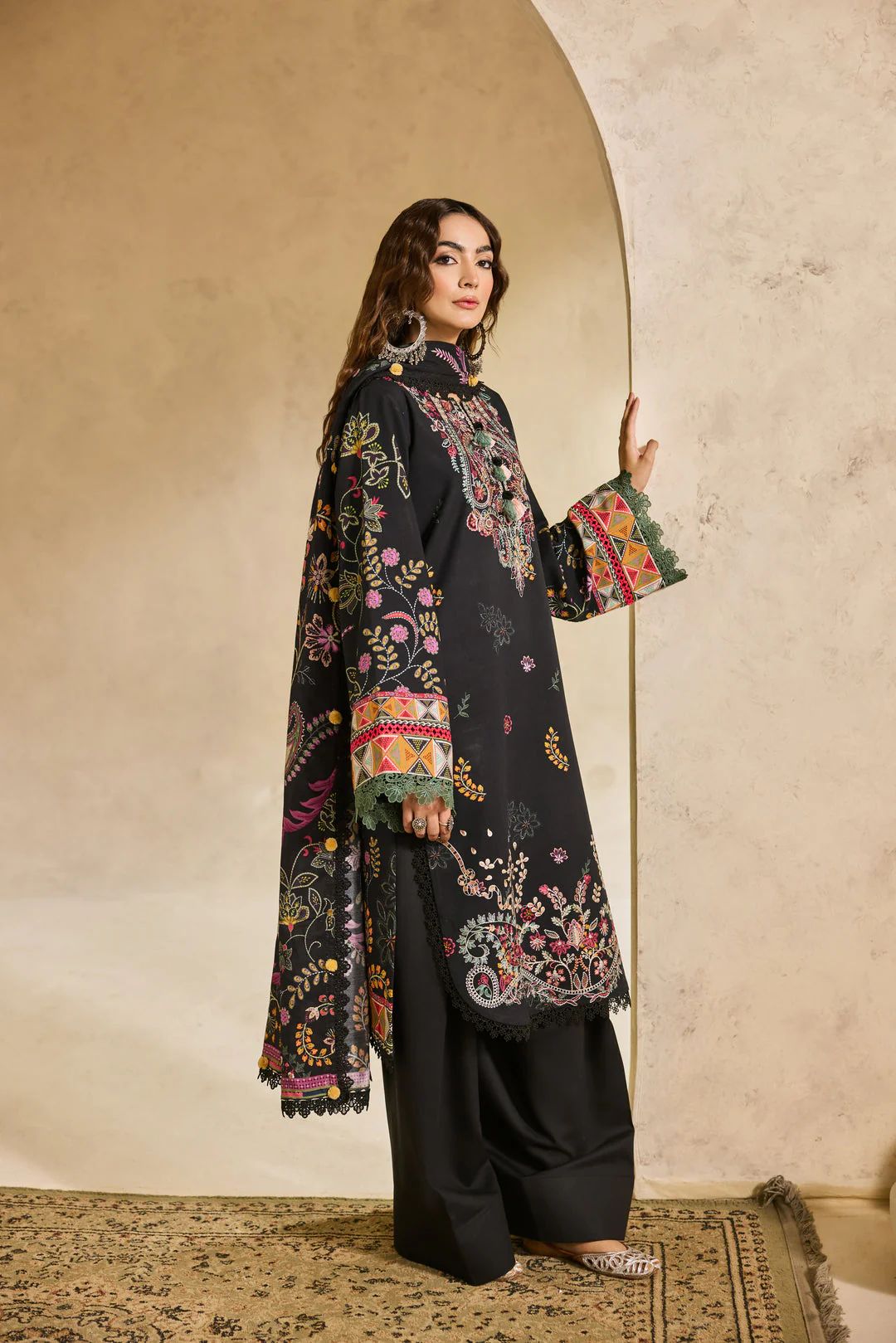 Linen by Florent – 3pc Black Winter Embroidered Suit with Shawl NAF16