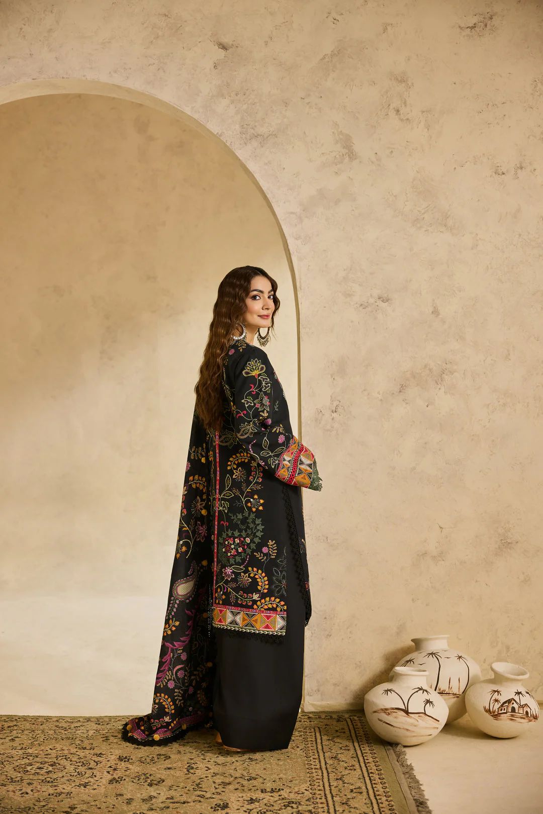 Linen by Florent – 3pc Black Winter Embroidered Suit with Shawl NAF16