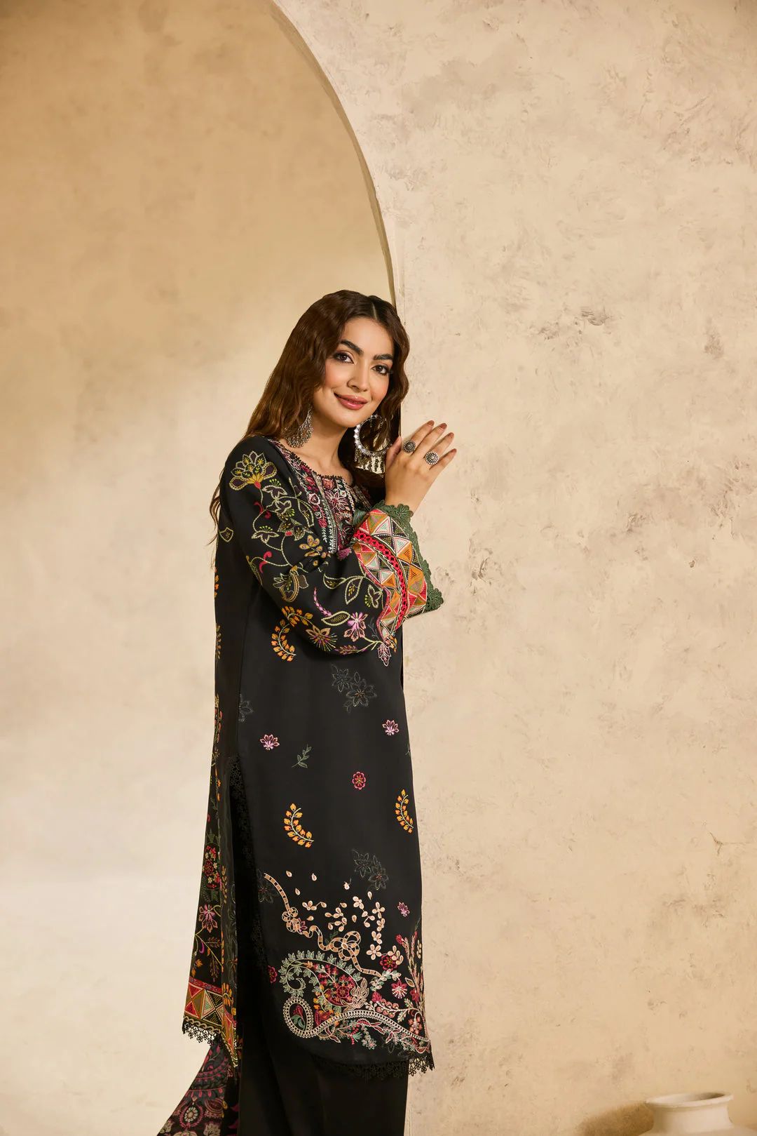 Linen by Florent – 3pc Black Winter Embroidered Suit with Shawl NAF16