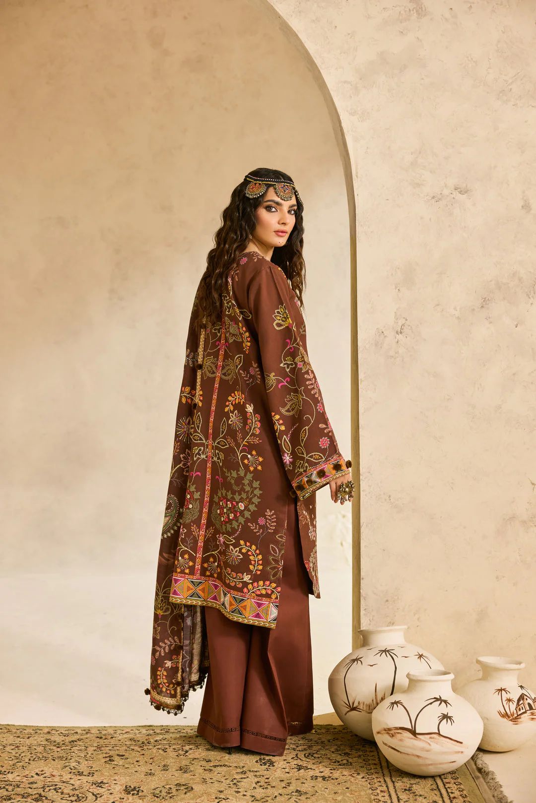 Linen by Florent – 3pc Embroidered Linen Winter Suit with Shawl NAF15