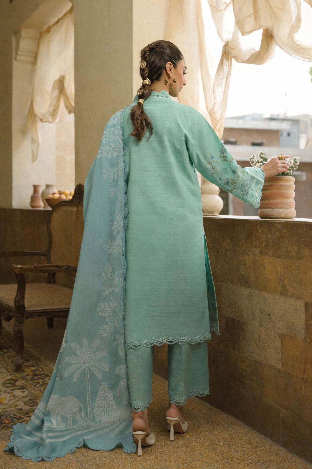 ZSA1 Ziya by Sahar Light Blue Embroidered Khaddar 3PC with Wool Shawl