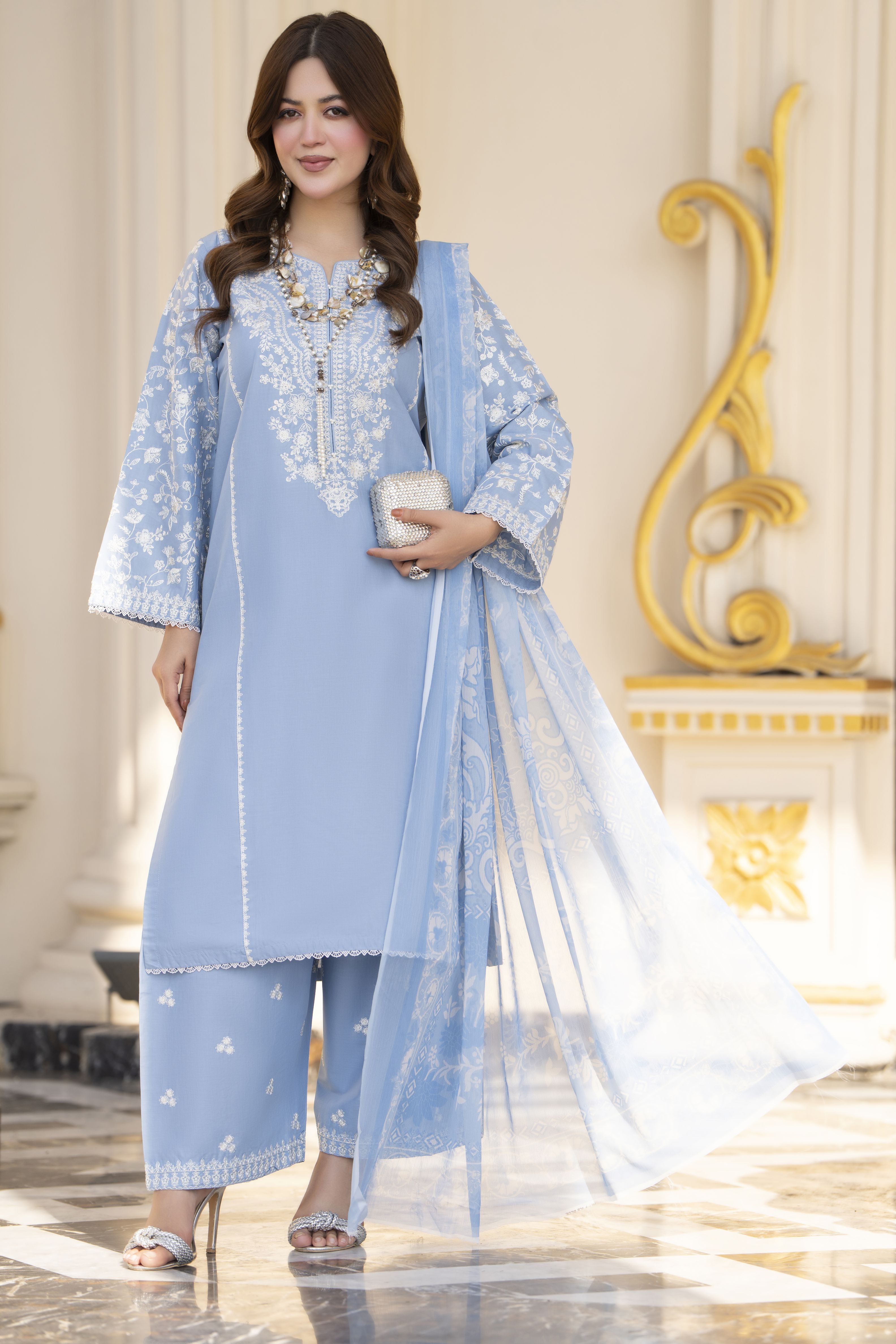 Khushi by Silver Sky Blue – 3pc Cotton Suit with Farshi Shalwar KBS10
