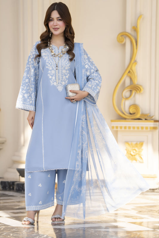 Khushi by Silver Sky Blue – 3pc Cotton Suit with Farshi Shalwar KBS10