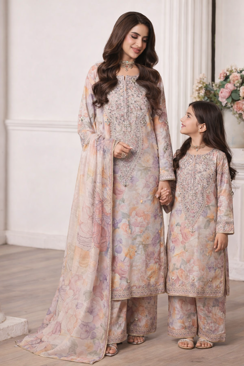 Mohagni MSA3 Mother Daughter Silk Viscose Mirror Work 3pc Suit