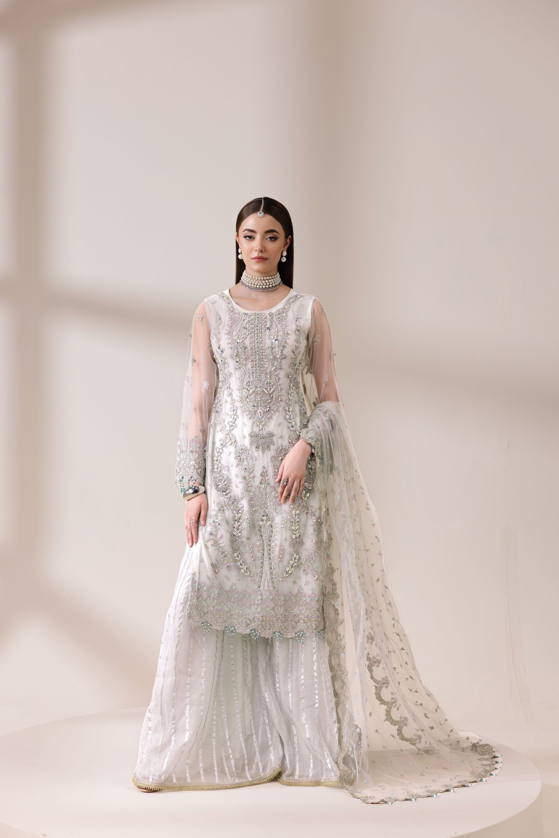 Ivory Embellished Net Shirt with Shararah & Dupatta | Rasm by Mona – MKR2