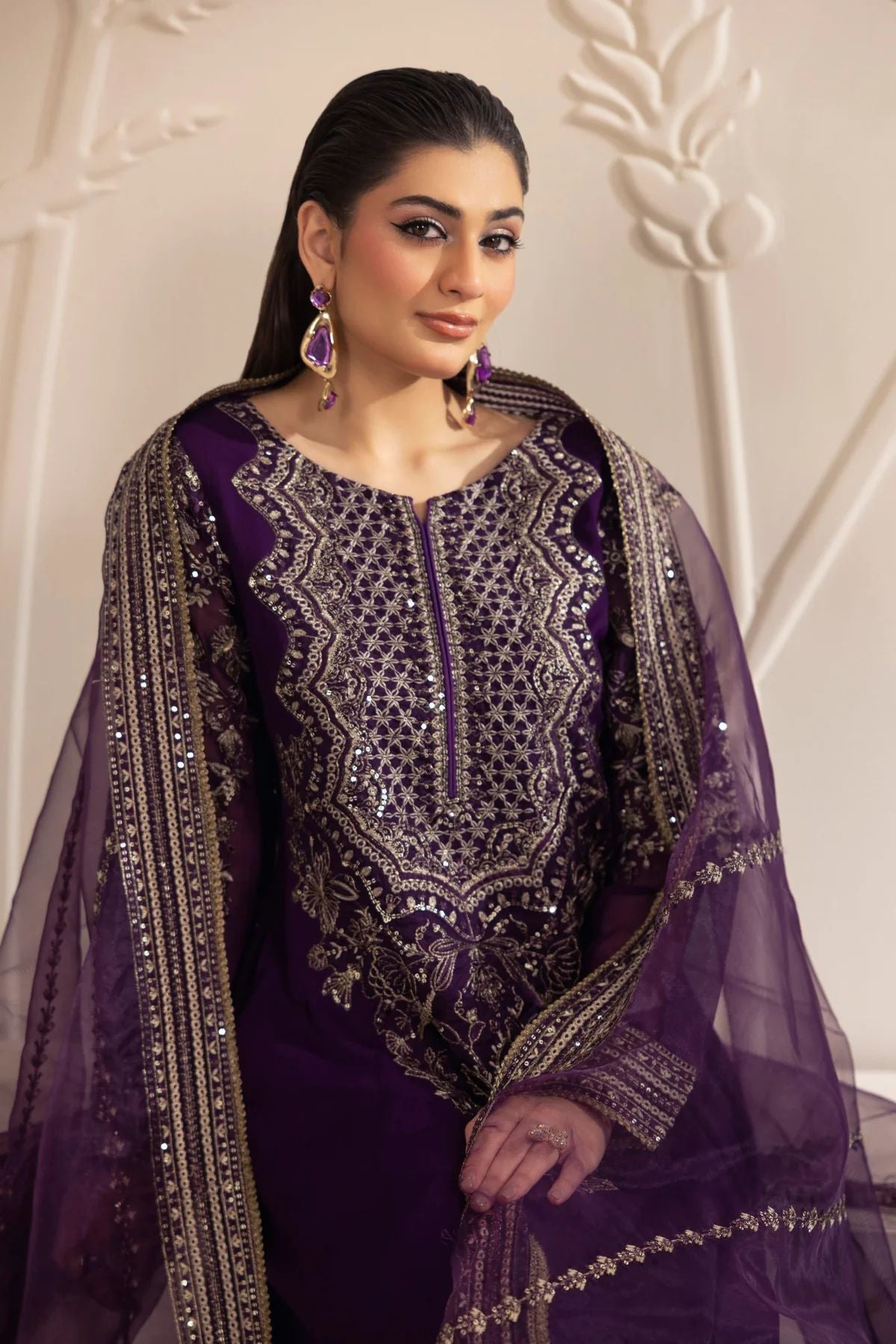 Muse13 – Ready to Wear Purple Chiffon Embroidered Long Shirt with Raw Silk Trousers by Mohagni