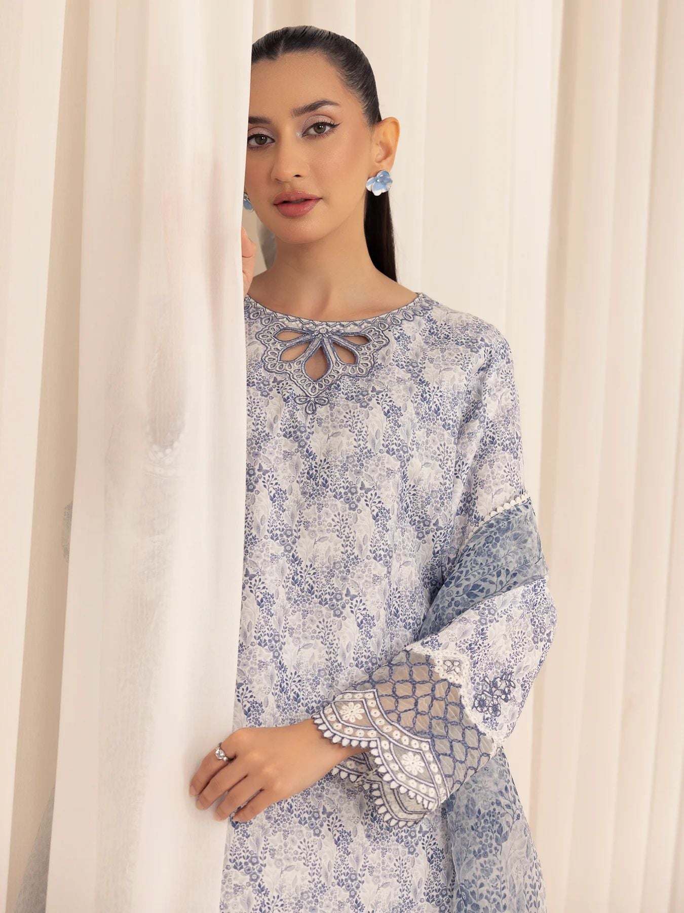 Muse03 – Misty Grace | 3pc Embroidered Silk Lawn Suit with Organza Dupatta by Mohagni