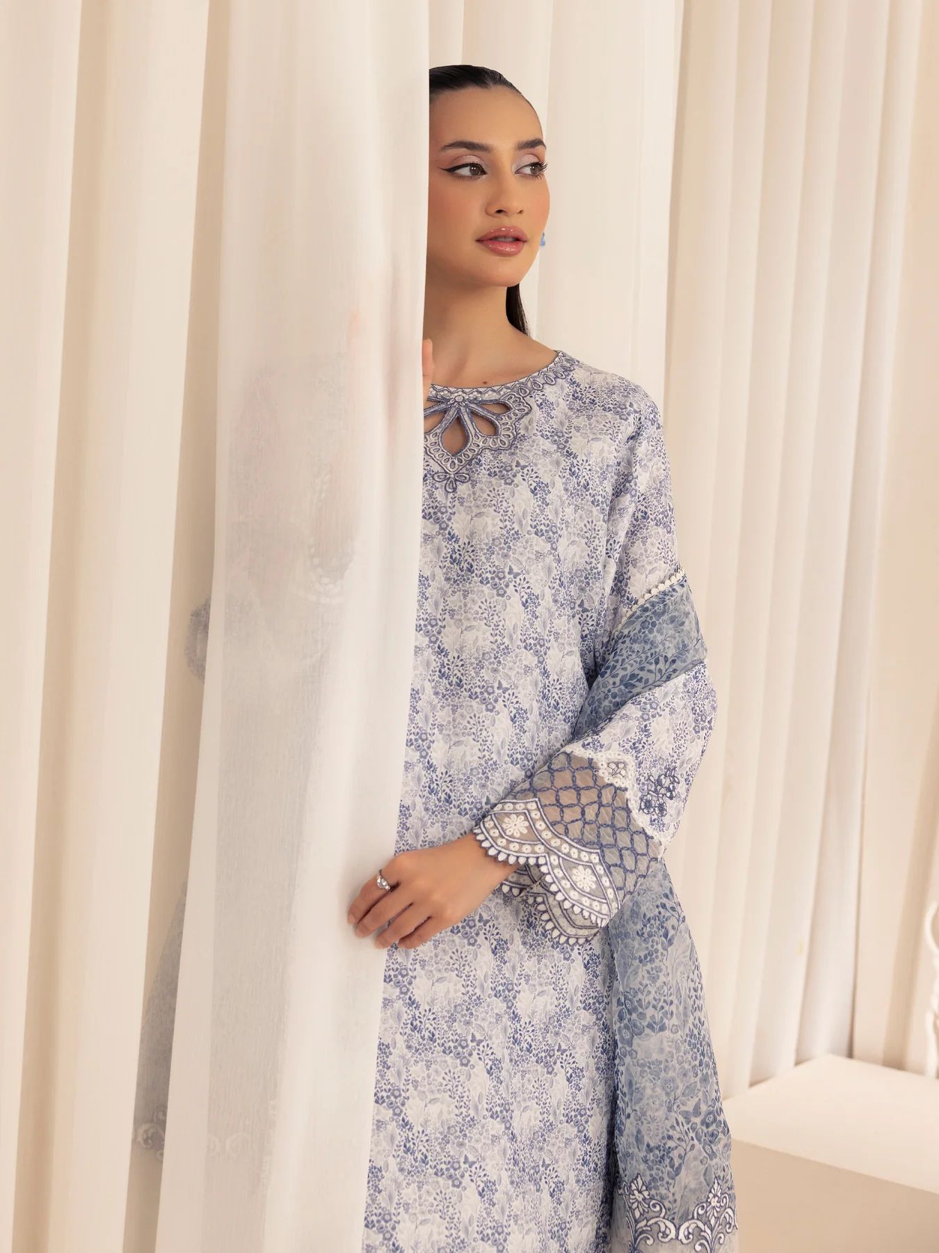 Muse03 – Misty Grace | 3pc Embroidered Silk Lawn Suit with Organza Dupatta by Mohagni