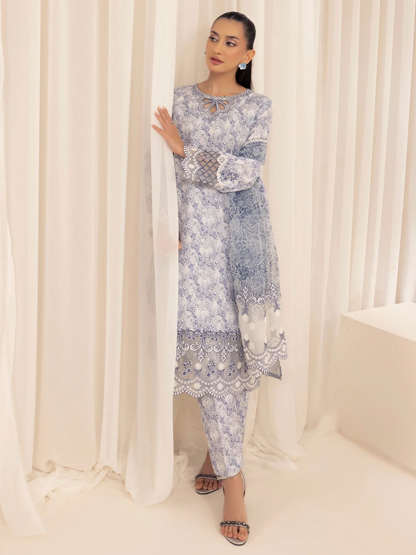 Muse03 – Misty Grace | 3pc Embroidered Silk Lawn Suit with Organza Dupatta by Mohagni