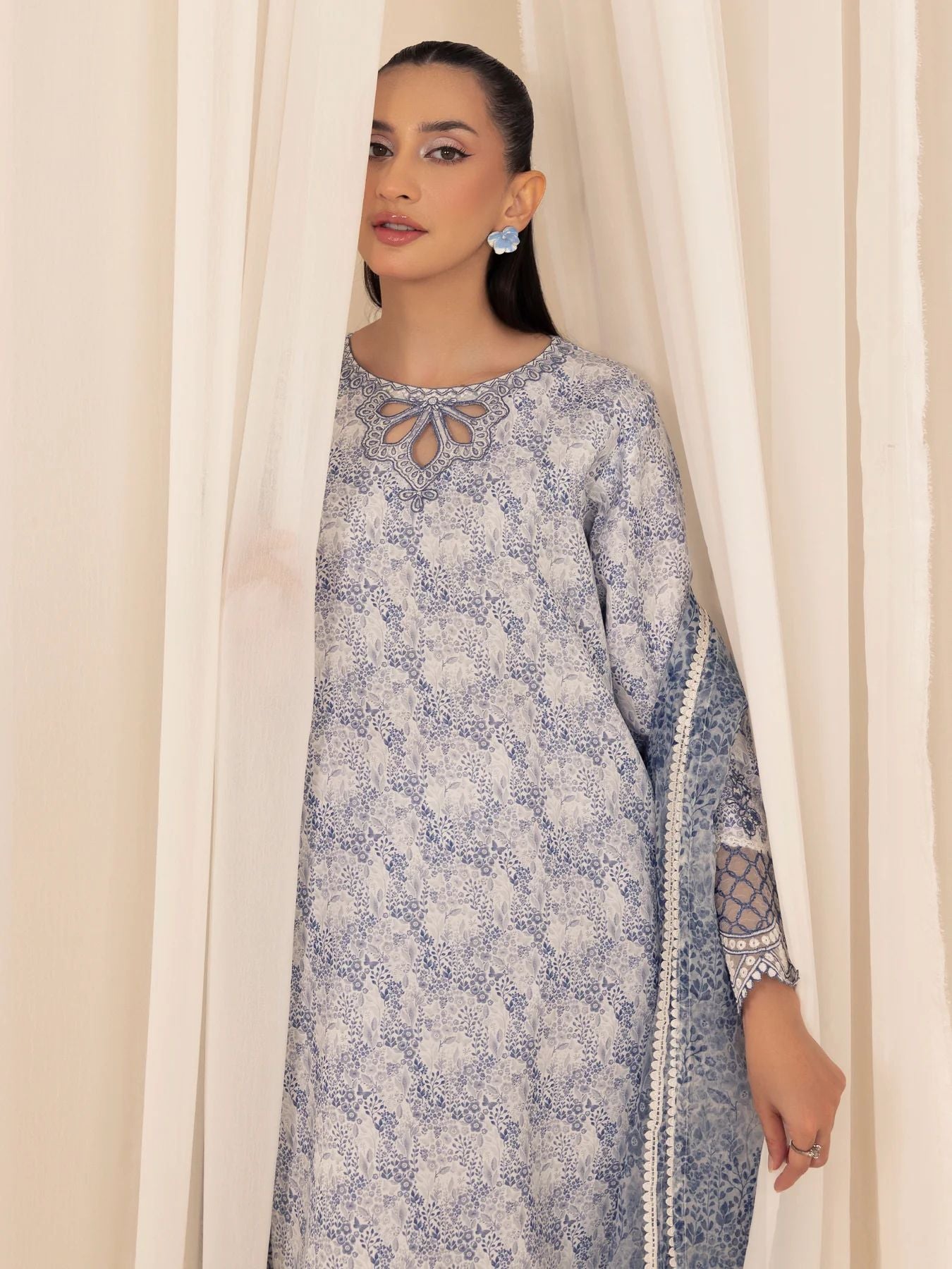 Muse03 – Misty Grace | 3pc Embroidered Silk Lawn Suit with Organza Dupatta by Mohagni