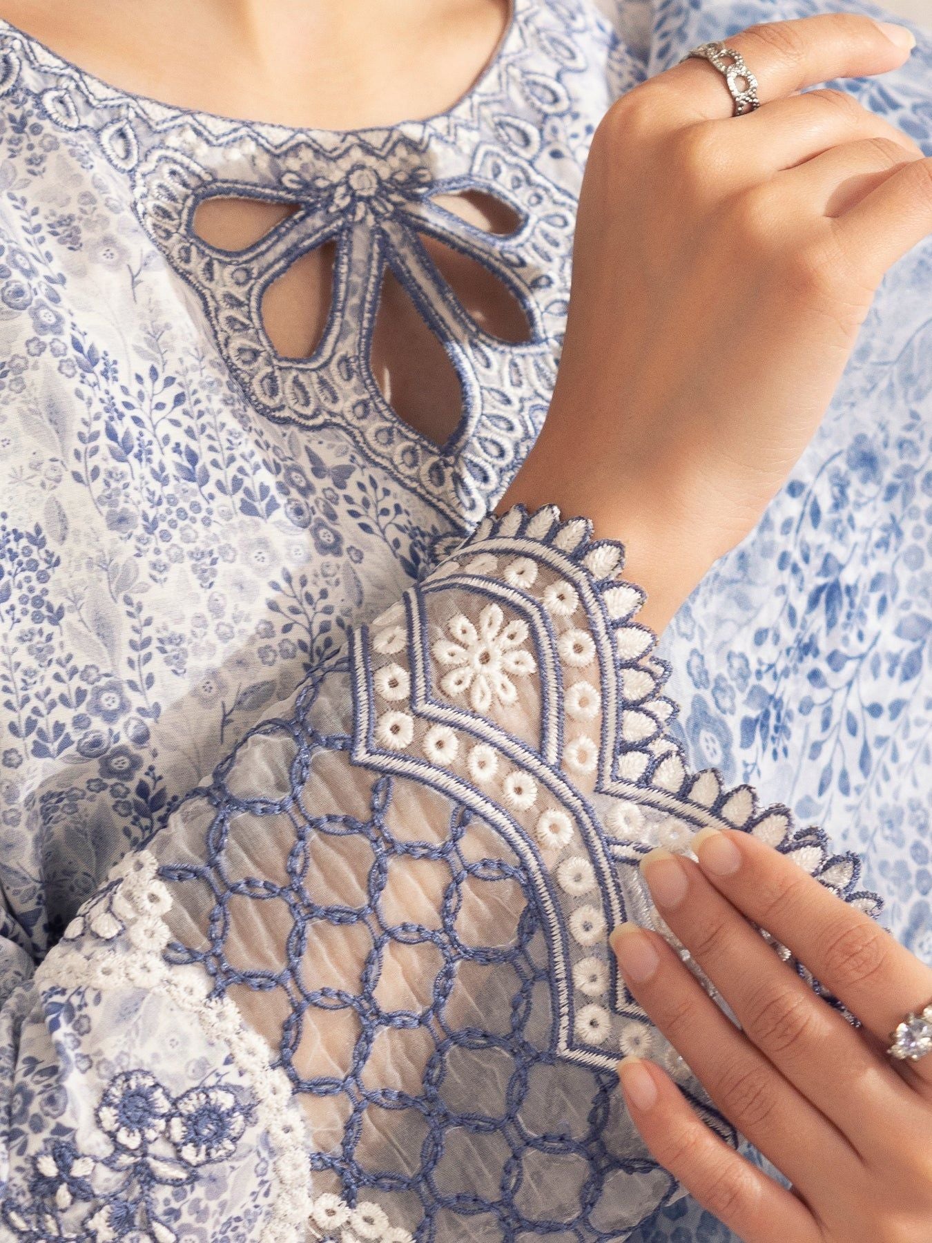 Muse03 – Misty Grace | 3pc Embroidered Silk Lawn Suit with Organza Dupatta by Mohagni