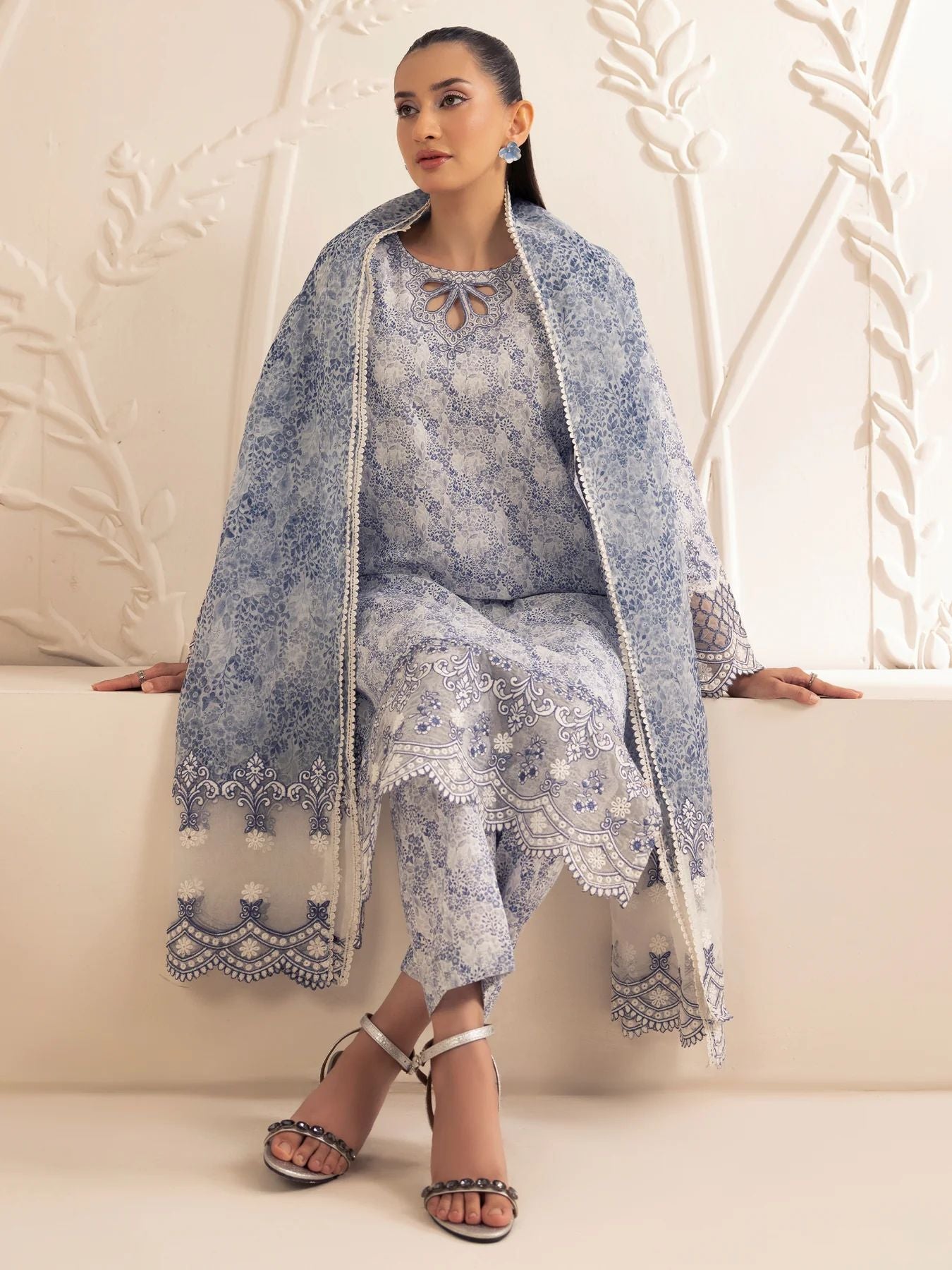 Muse03 – Misty Grace | 3pc Embroidered Silk Lawn Suit with Organza Dupatta by Mohagni