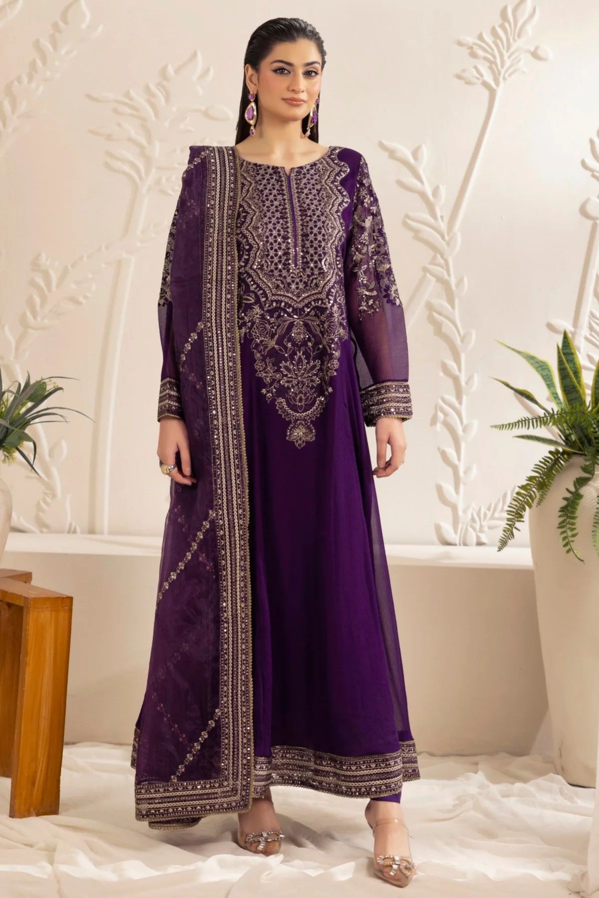 Muse13 – Ready to Wear Purple Chiffon Embroidered Long Shirt with Raw Silk Trousers by Mohagni