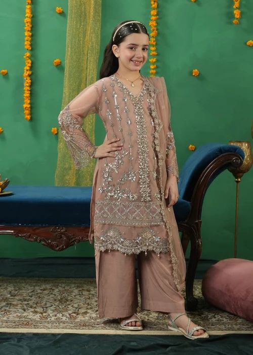 Festive Camel Brown Dress for Girls by Mona FMGC4