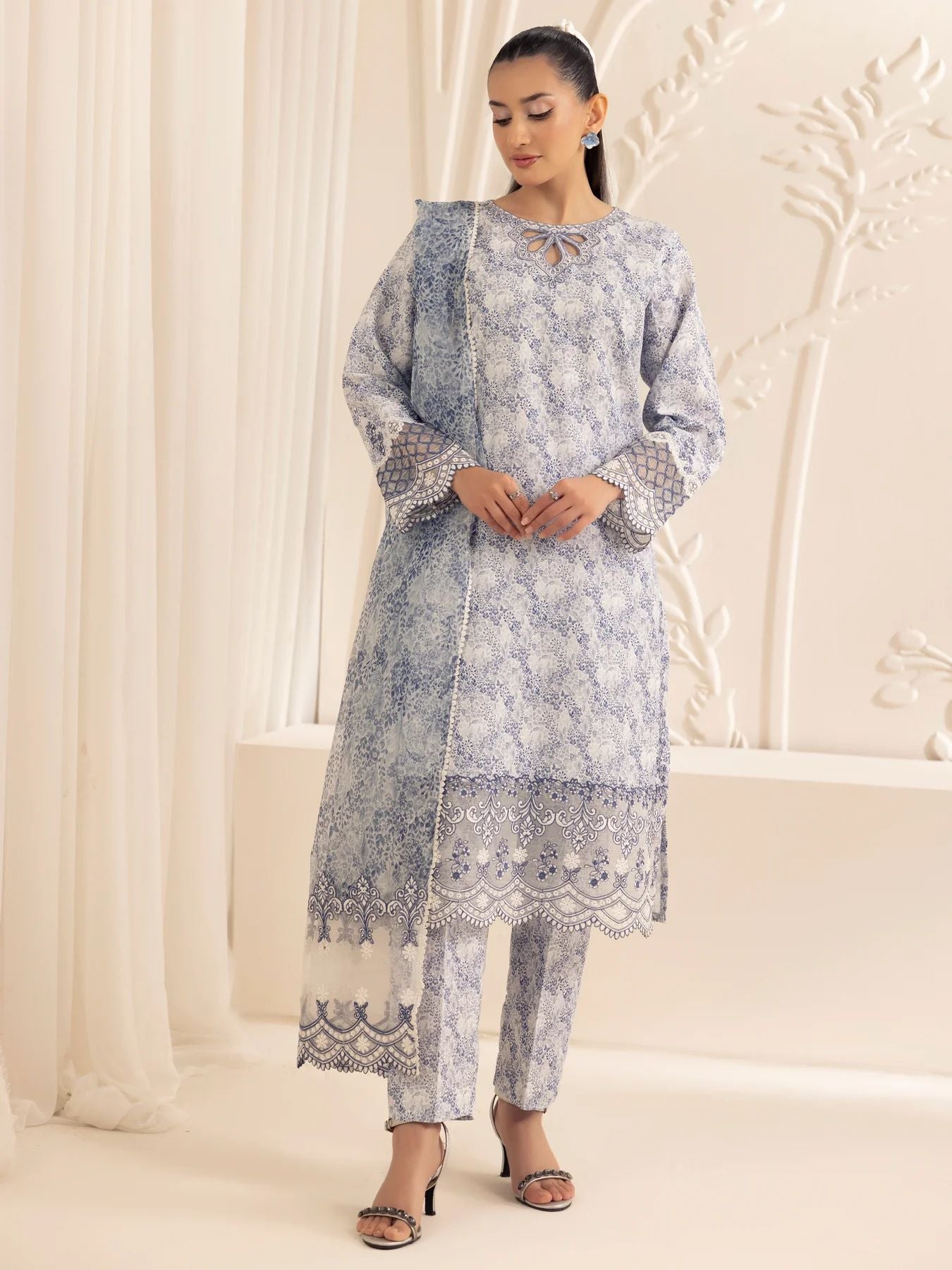 Muse03 – Misty Grace | 3pc Embroidered Silk Lawn Suit with Organza Dupatta by Mohagni