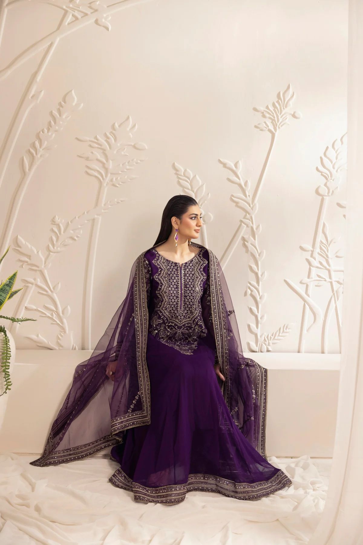 Muse13 – Ready to Wear Purple Chiffon Embroidered Long Shirt with Raw Silk Trousers by Mohagni