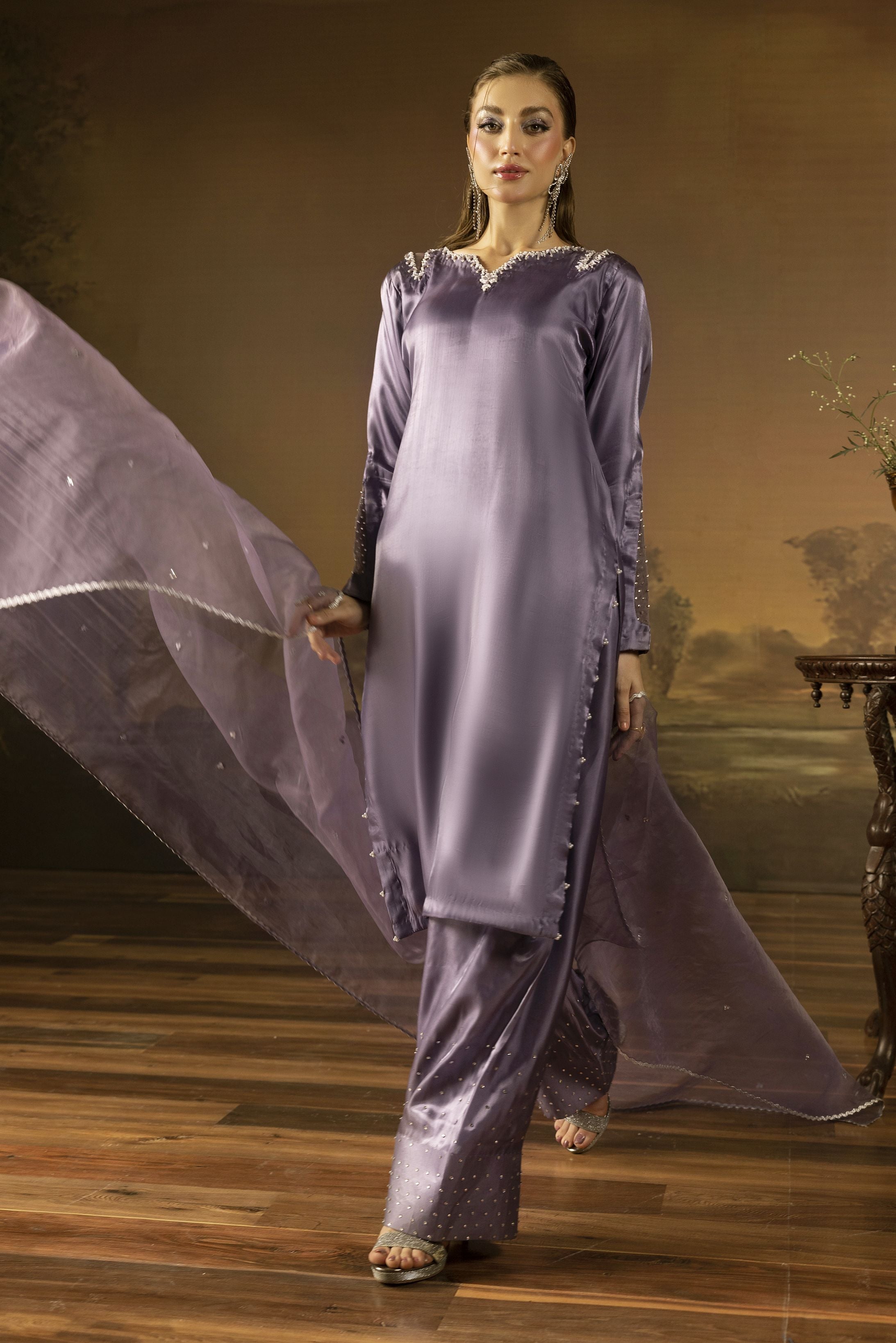 Lavender Diamante Silk Farshi Shalwar Set - Farshi Bahaar by Mona FBM5
