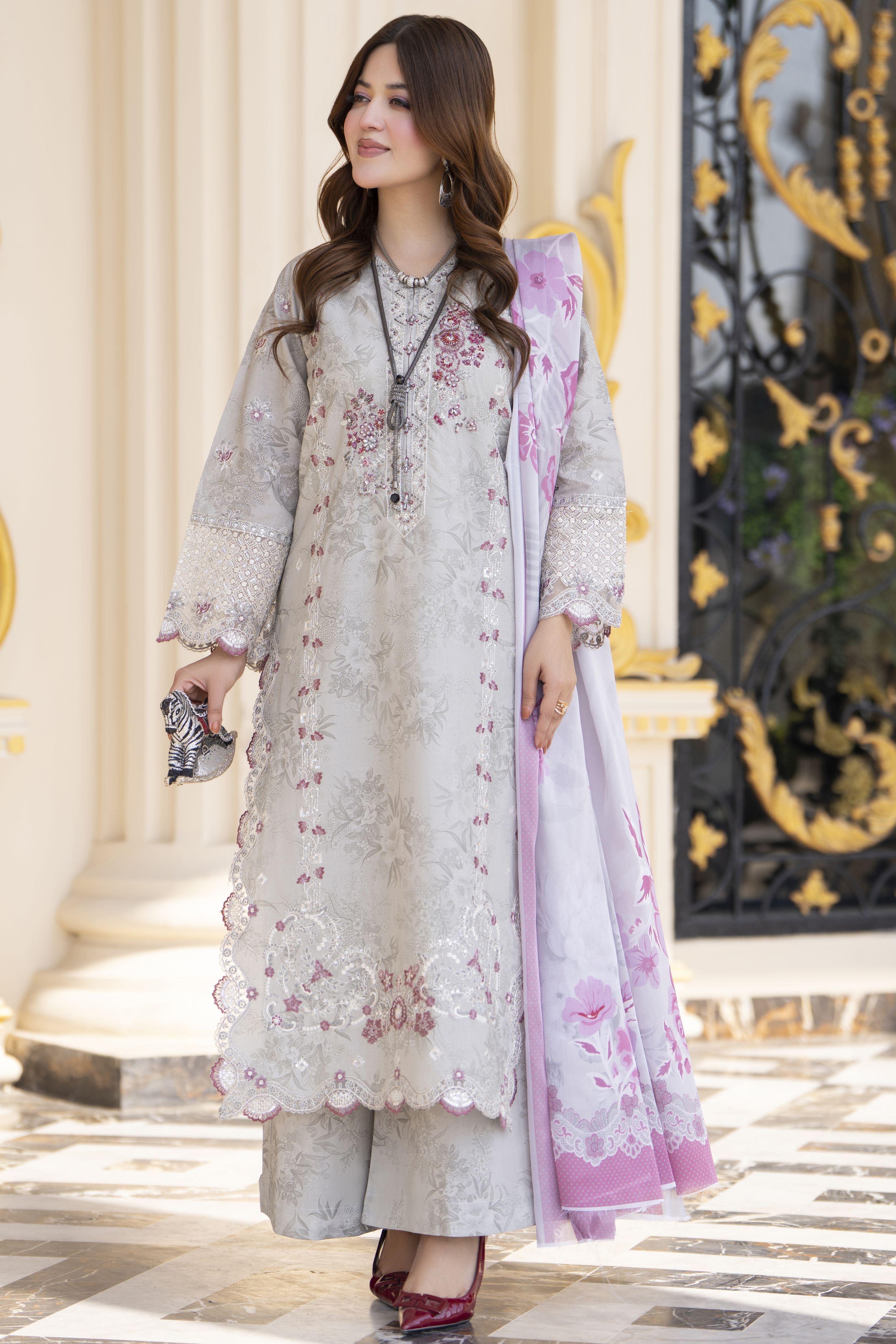 Khushi by Silver Grey – 3pc Embroidered Cotton Long Suit KBS12