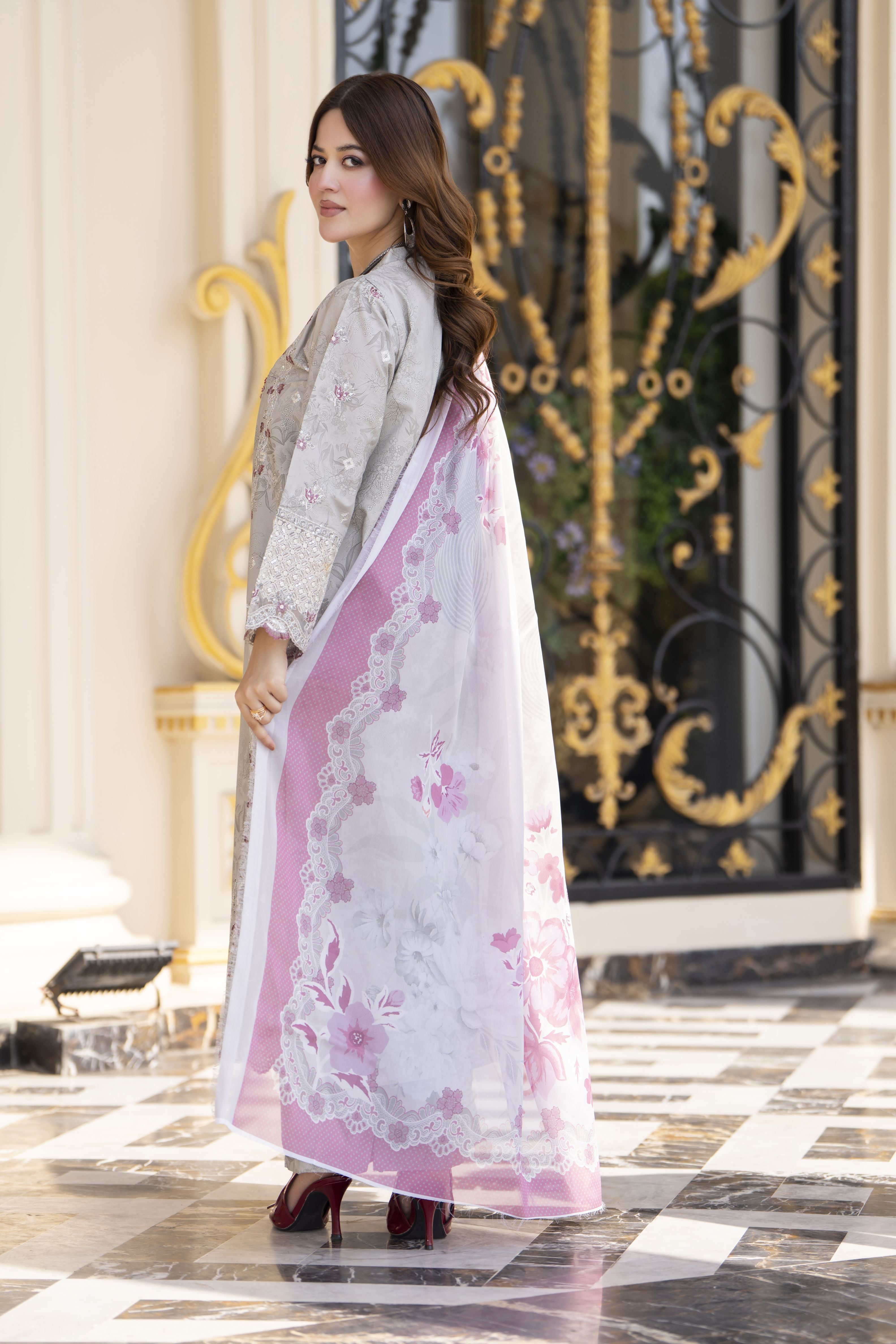 Khushi by Silver Grey – 3pc Embroidered Cotton Long Suit KBS12