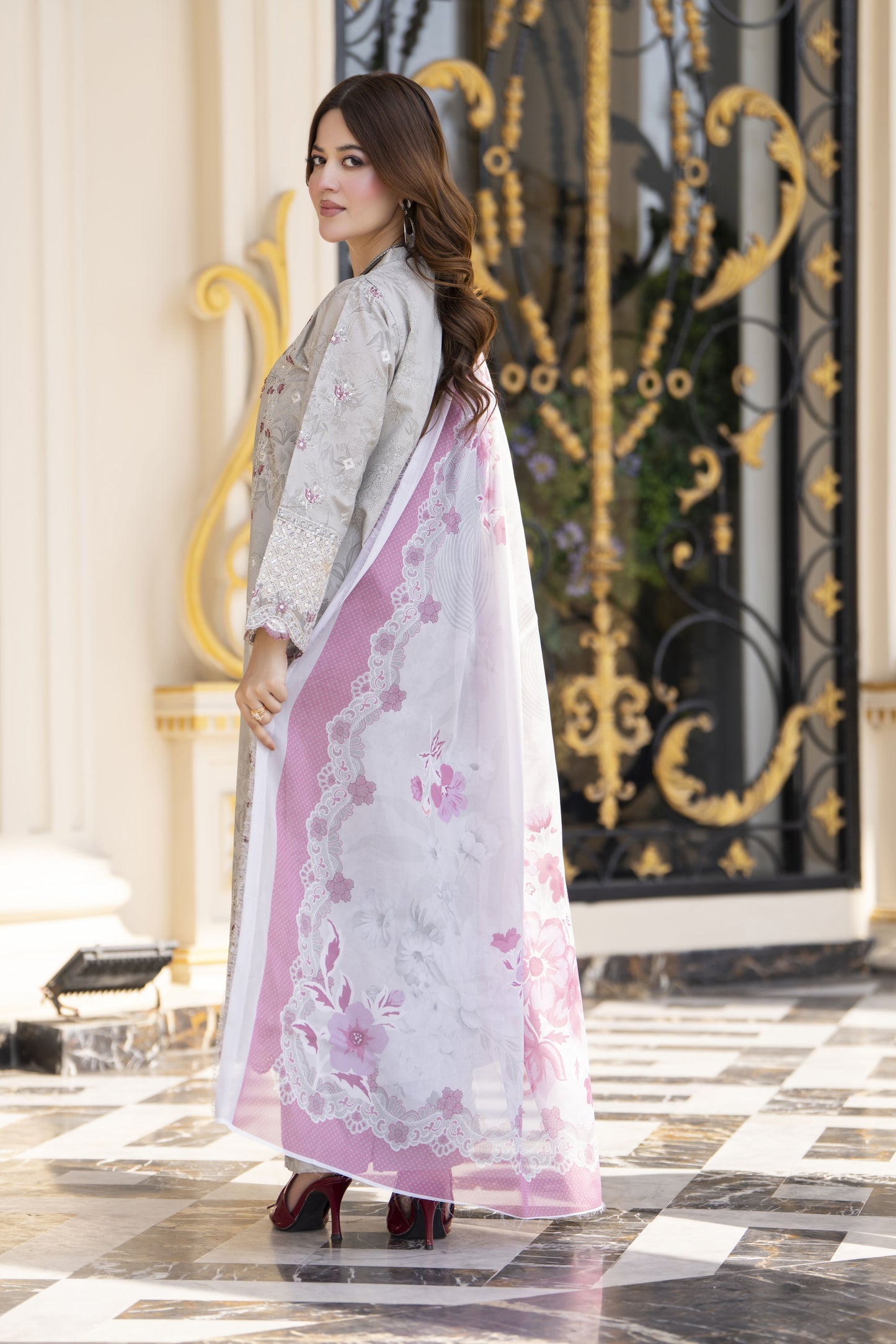 Khushi by Silver Grey – 3pc Embroidered Cotton Long Suit KBS12