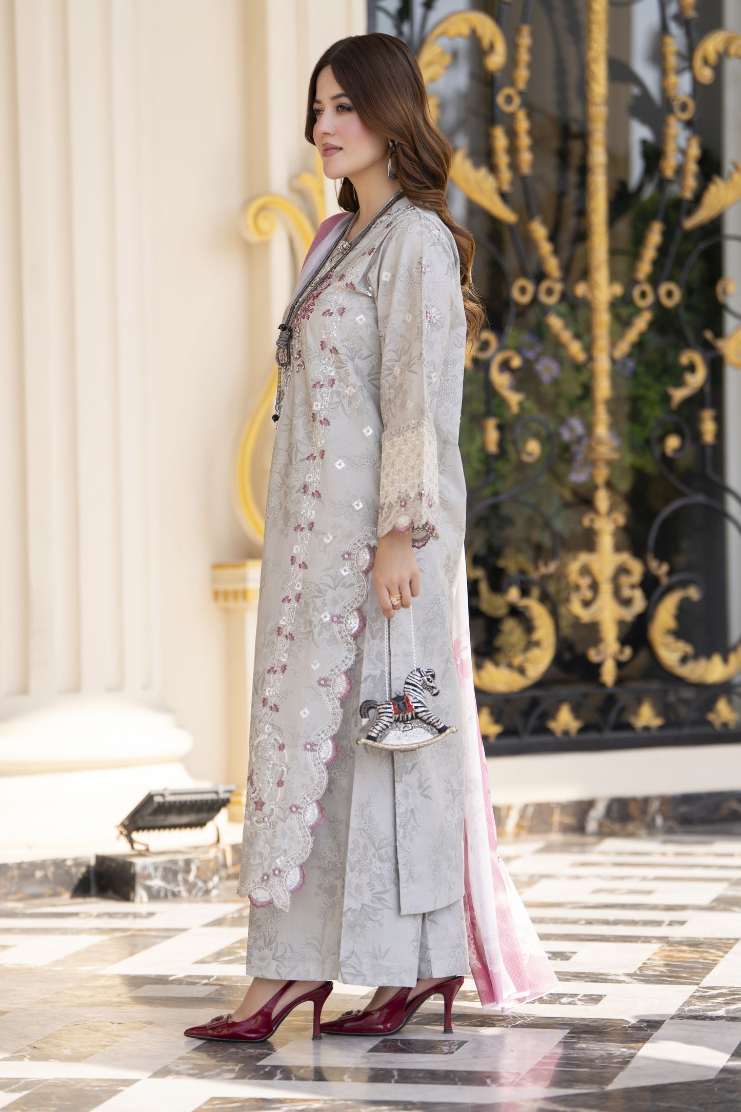 Khushi by Silver Grey – 3pc Embroidered Cotton Long Suit KBS12