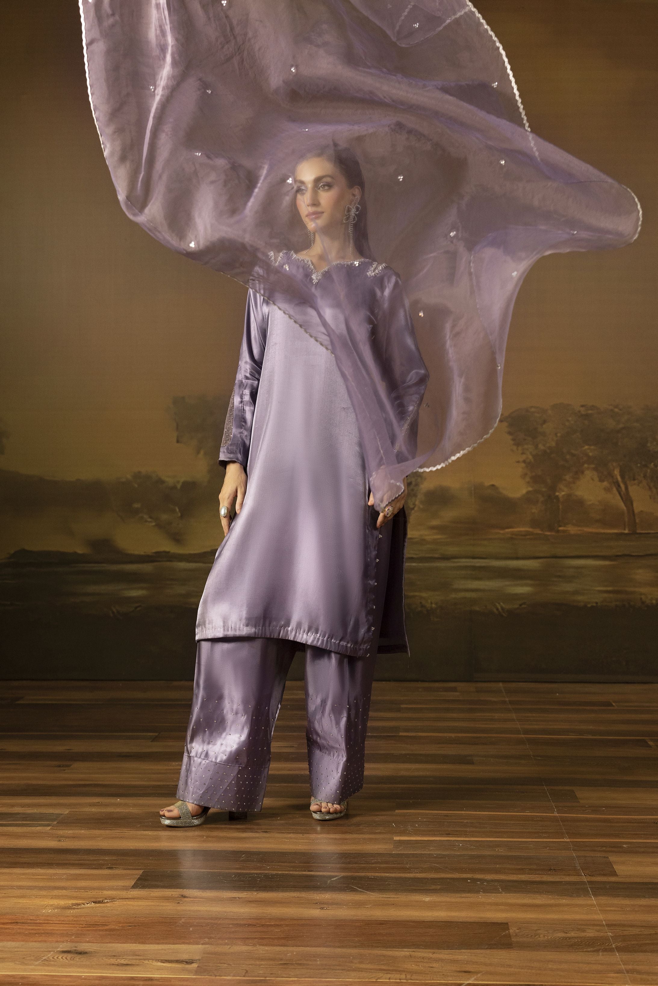 Lavender Diamante Silk Farshi Shalwar Set - Farshi Bahaar by Mona FBM5